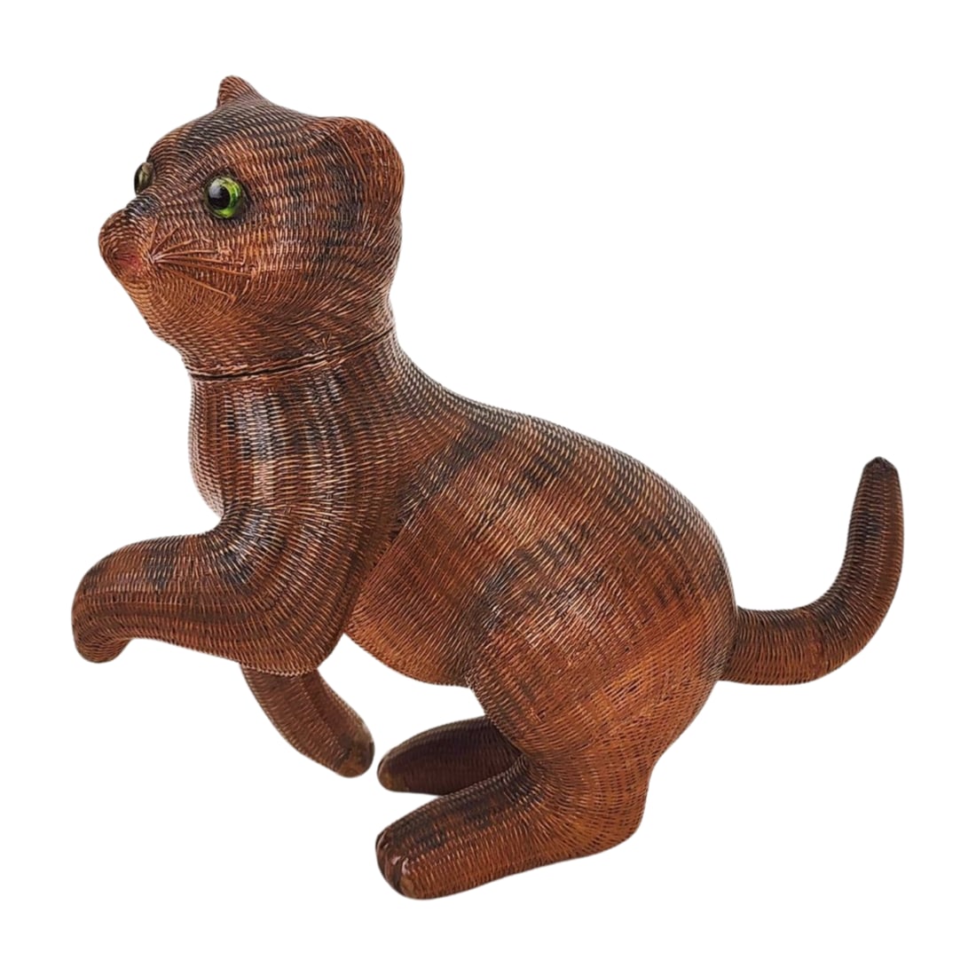 Vintage 1950s Shanghai Handicrafts Lacquer Wicker Cat Basket: Vintage mid century Shanghai Handicrafts Lacquered wicker cat basket or caddy with green glass eyes. Measures