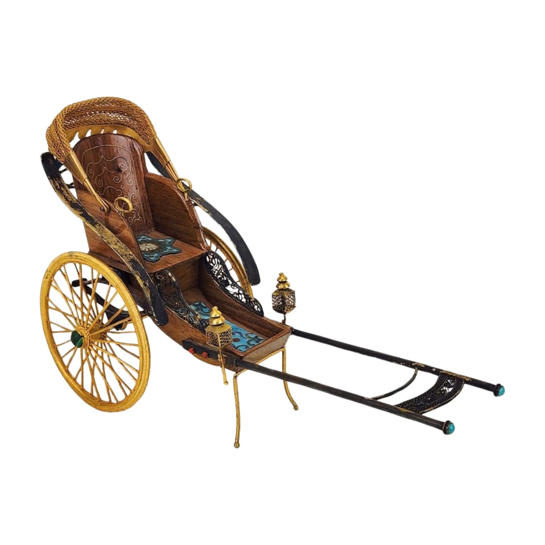 Antique Miniature Chinese Rickshaw, Gold Filigree & Stone Inlay: Antique miniature Chinese Rickshaw. Appears to be gold plated with cloisonne inlay and turquoise/ malachite cabochons Measures