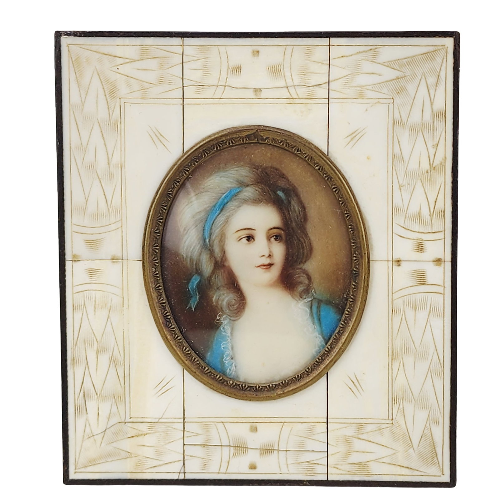 Antique 19th Century French Miniature Portrait of Countess Sophie Potocka: 19th-century French Antique miniature Portrait painting on porcelain,depicting Countess Sophie Potocka with bone inlay period frame. Measures 3 1/2 "x 3 1/8" total with 2 1/8" x 1 3/4" oval portrait.
