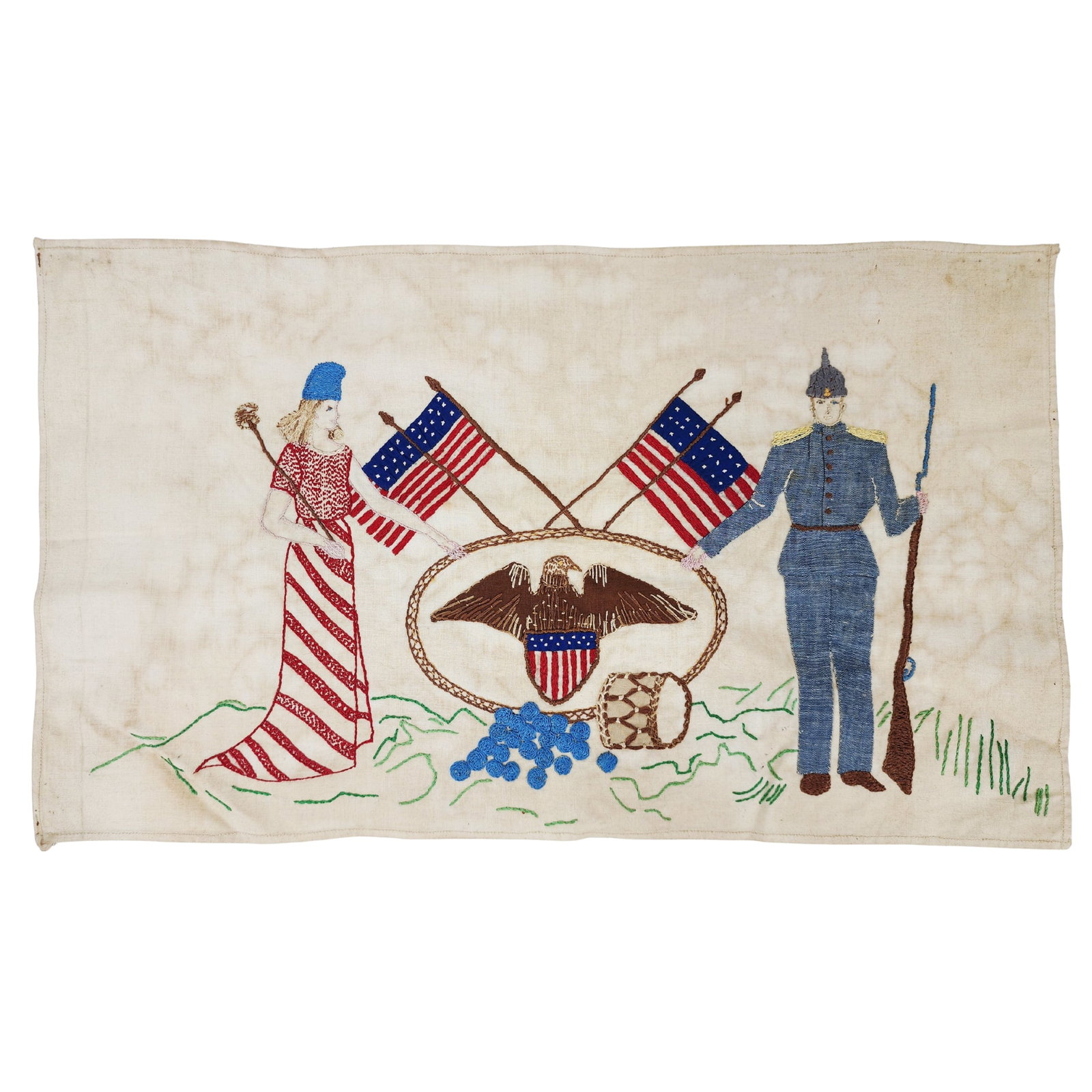 Antique American Folk Art Embroidery Civil War Era: Antique Civil War era Folk Art American embroidery on linen of lady Liberty and a Soldier with Eagle and American Flag. Unknown maker. Measures 12" x 20 3/8".