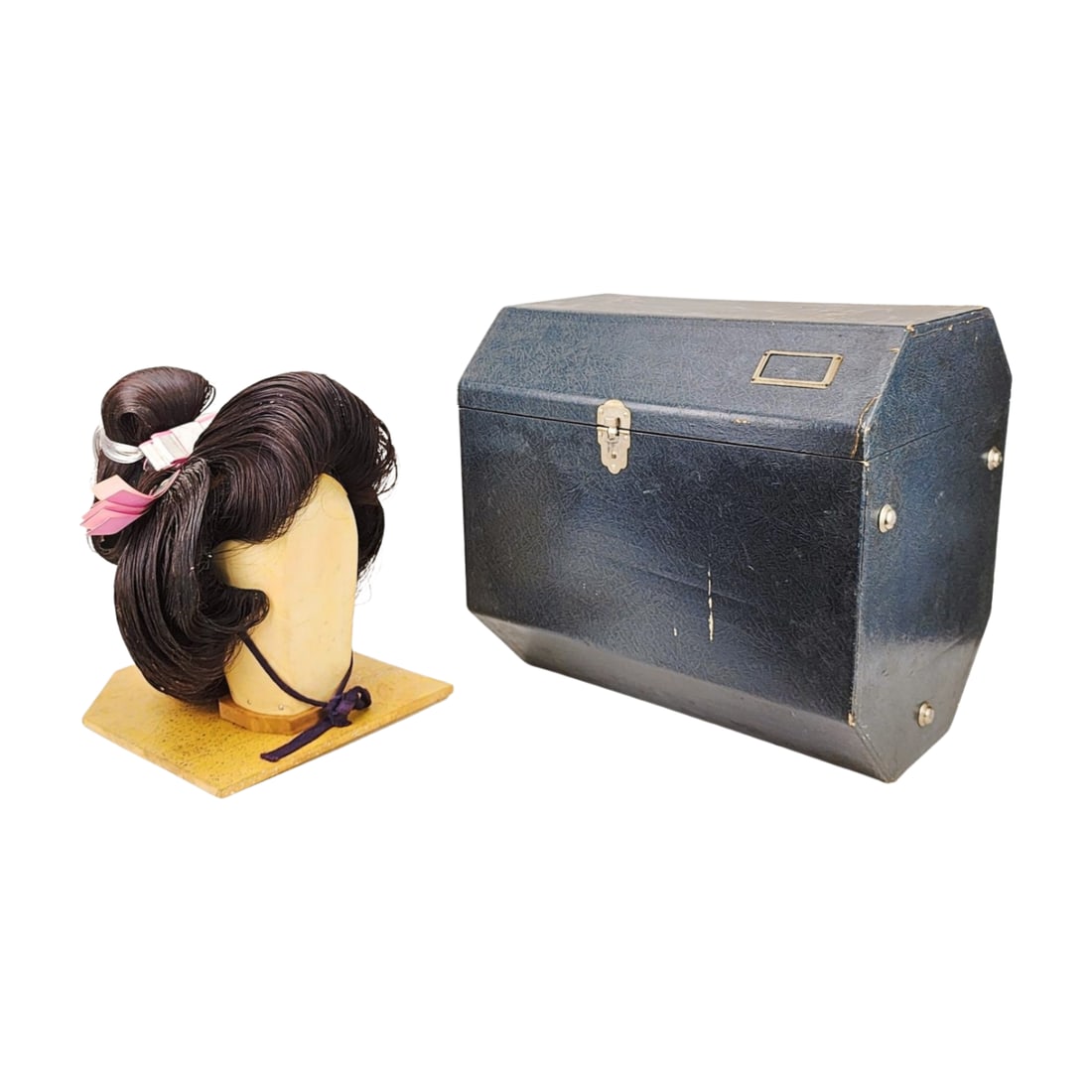 Japanese Geisha Authentic Real Hair Katsura Wig w/ Case: Antique Japanese Geisha Katsura Wig with wood stand and original case. Real hair wig with pink and silver bow. Measures 15" x 14 1/4" x 11 1/2" case.