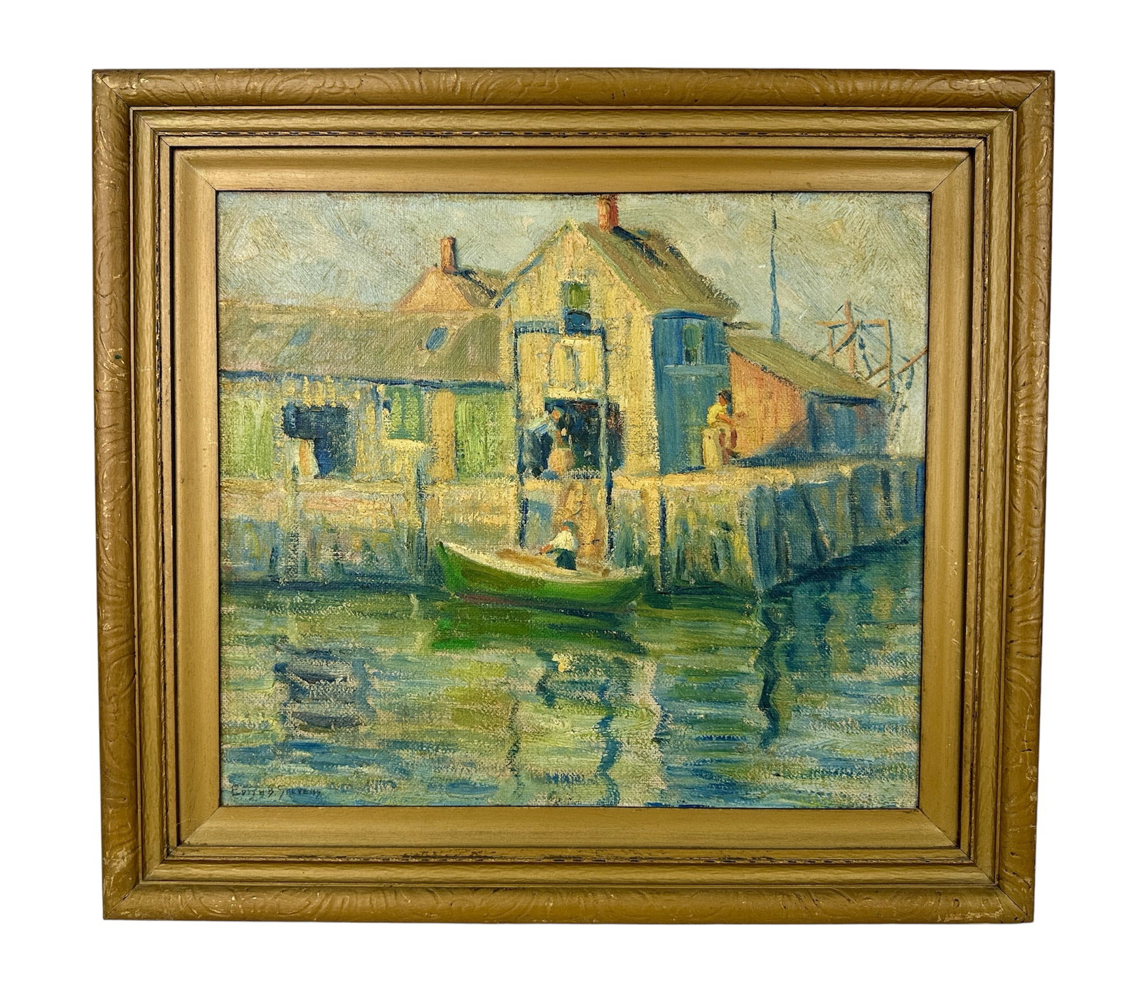 Edith Briscoe Stevens (1898-1931) Rockport, Massachusetts Oil Painting: Important original painting by well listed New England artist Edith Briscoe Stevens. Impressionist view of wharf in Rockport, Mass.. Stevens was part of the Rocky Neck artist colony in East Gloucester