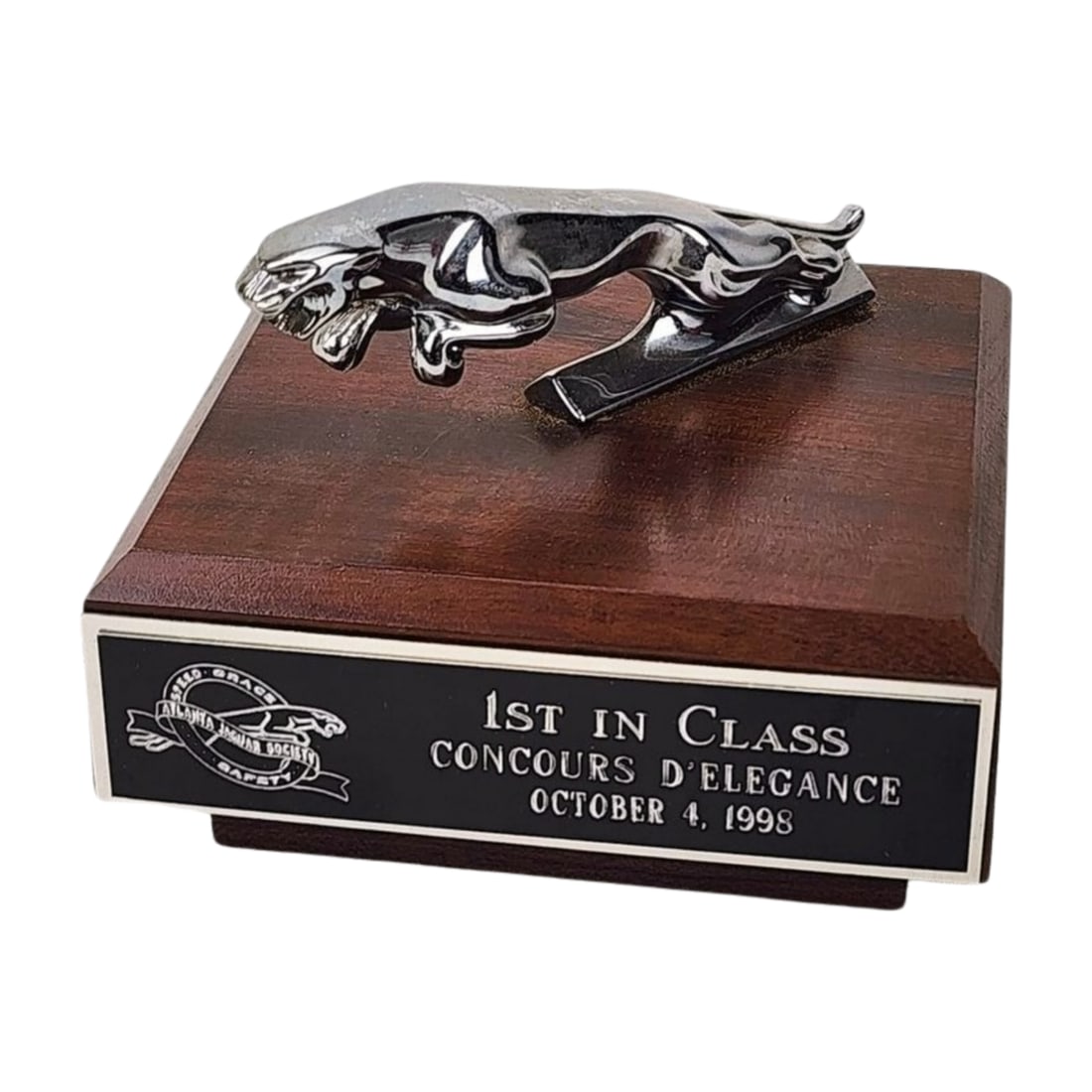 Jaguar Concours D'Elegance Hood Ornament Trophy: Vintage Jaguar car hood ornament trophy for 1st in Class. Measures 4" x 5" x 5".
