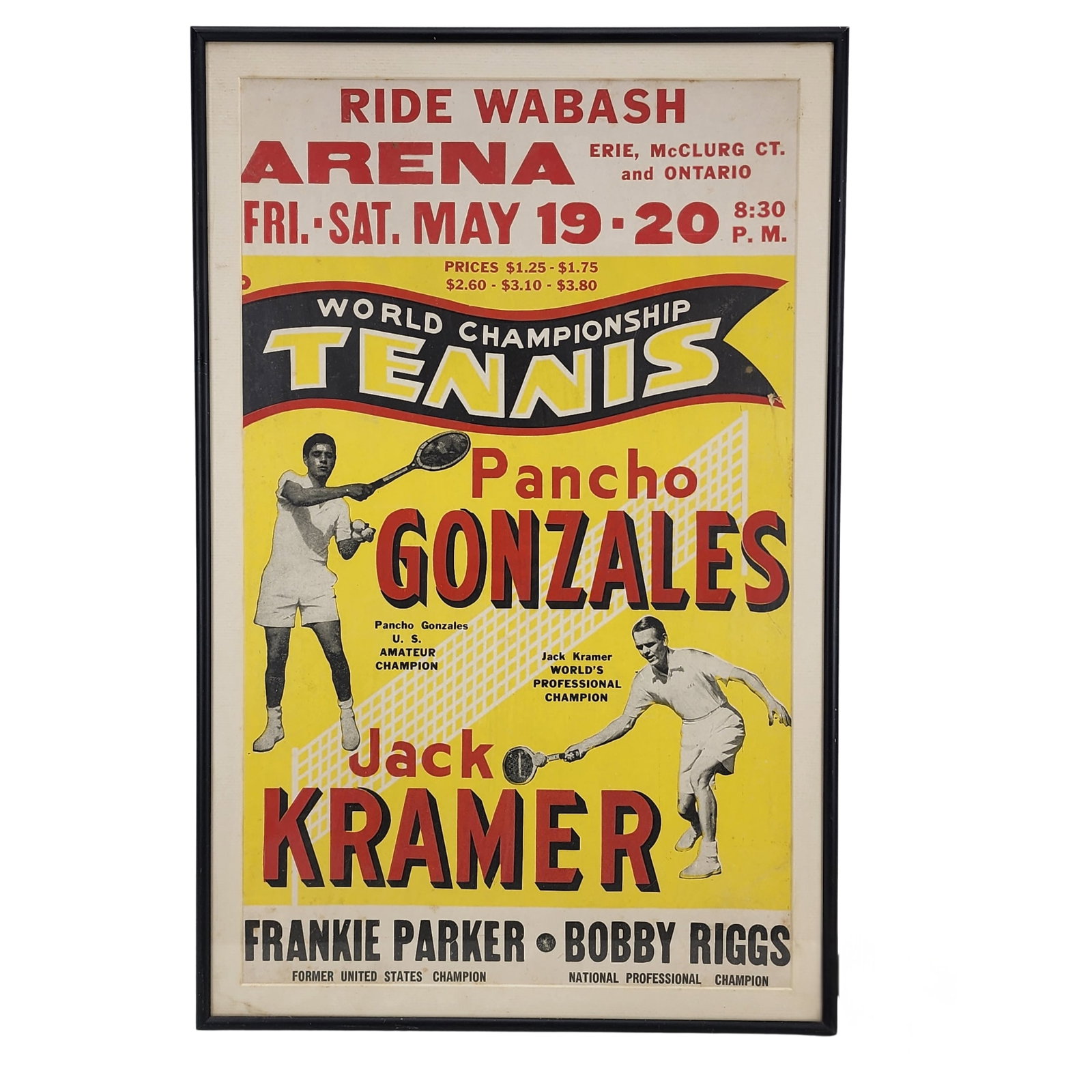 1940's World Championship Tennis Pancho Gonzales vs Jack Kramer Poster: Original 1940s Jack Kramer vs. Pancho Gonzales World Championship Tennis poster. Measures 15 1/2" x 24 1/8".