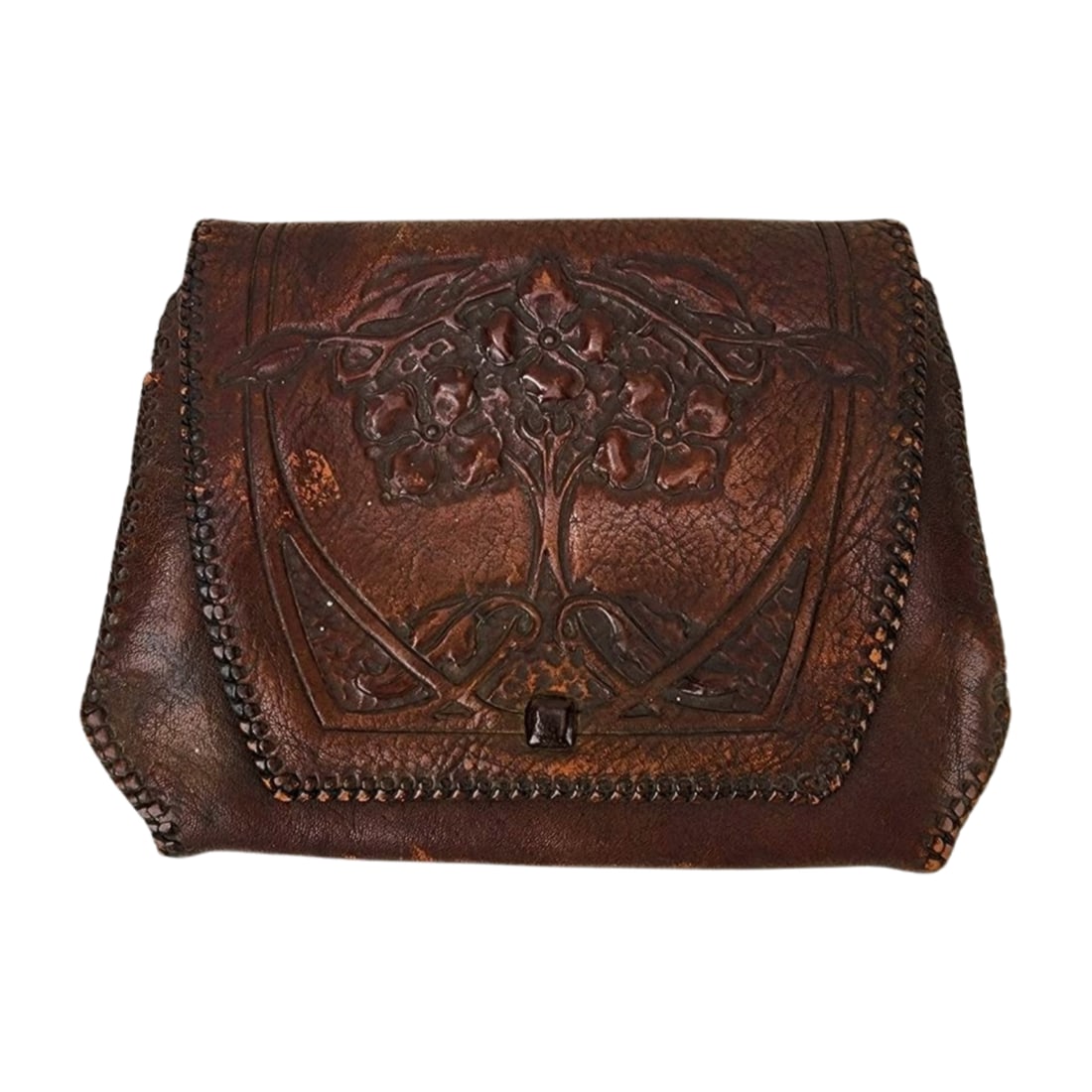 Art Nouveau 1910 Cordova Shops Tooled Leather Handbag Purse: Vintage tooled leather Art Nouveau design handbag by Cordova Shops circa 1910. Measures 7 1/2" x 5 1/2".