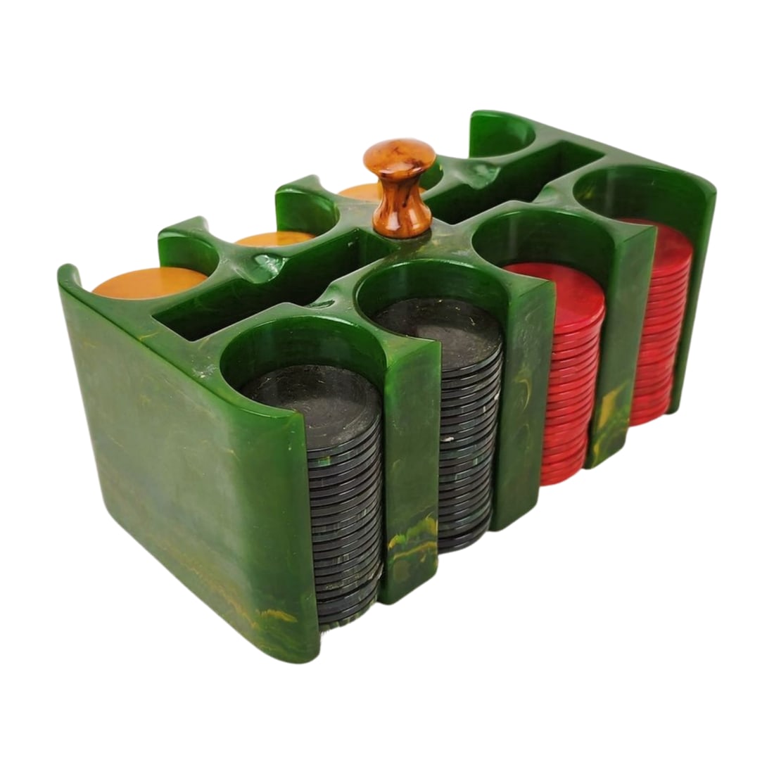 Vintage Bakelite Poker Chips w/ Rack: Vintage green bakelite rack poker chip set with (44) dark green, (40) red and (85) butterscotch chips. Measures 5" x 7 1/2" x 4 1/8" rack with 1 1/2" chips.