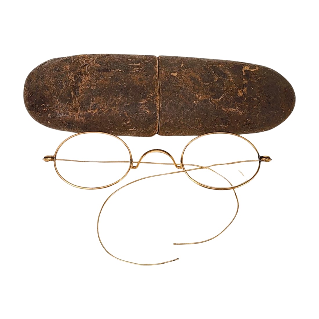 Gold Wire Frame Wrap Around Eyeglasses Signed: Antique signed MMP gold wire rim wrap around bifocal glasses w/ case. Measures 4 1/2" across.