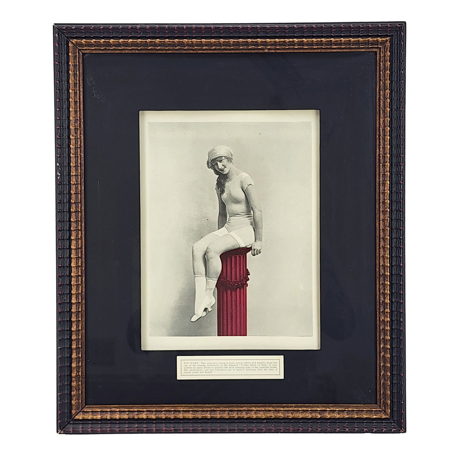 Antique Flo Hart Photograph, American Actress for Ziegfeld Follies: Antique Flo Hart Photograph, American actress associated with the Ziegfeld Follies show circa 1912. Measures 17 1/4" x 20 1/4" total with 8 3/4" x 12" matted window.