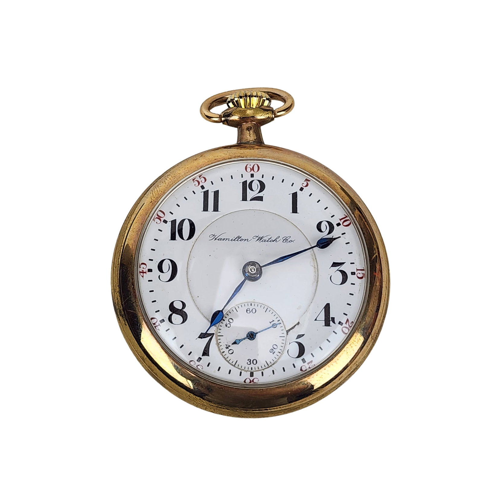 Antique Hamilton 21 jewel Railroad Pocket Watch: Antique gold filled Hamilton 21 Jewel pocket watch with numbered porcelain dial and seconds chronometer circa 1905. Measures 2 1/4" diameter.