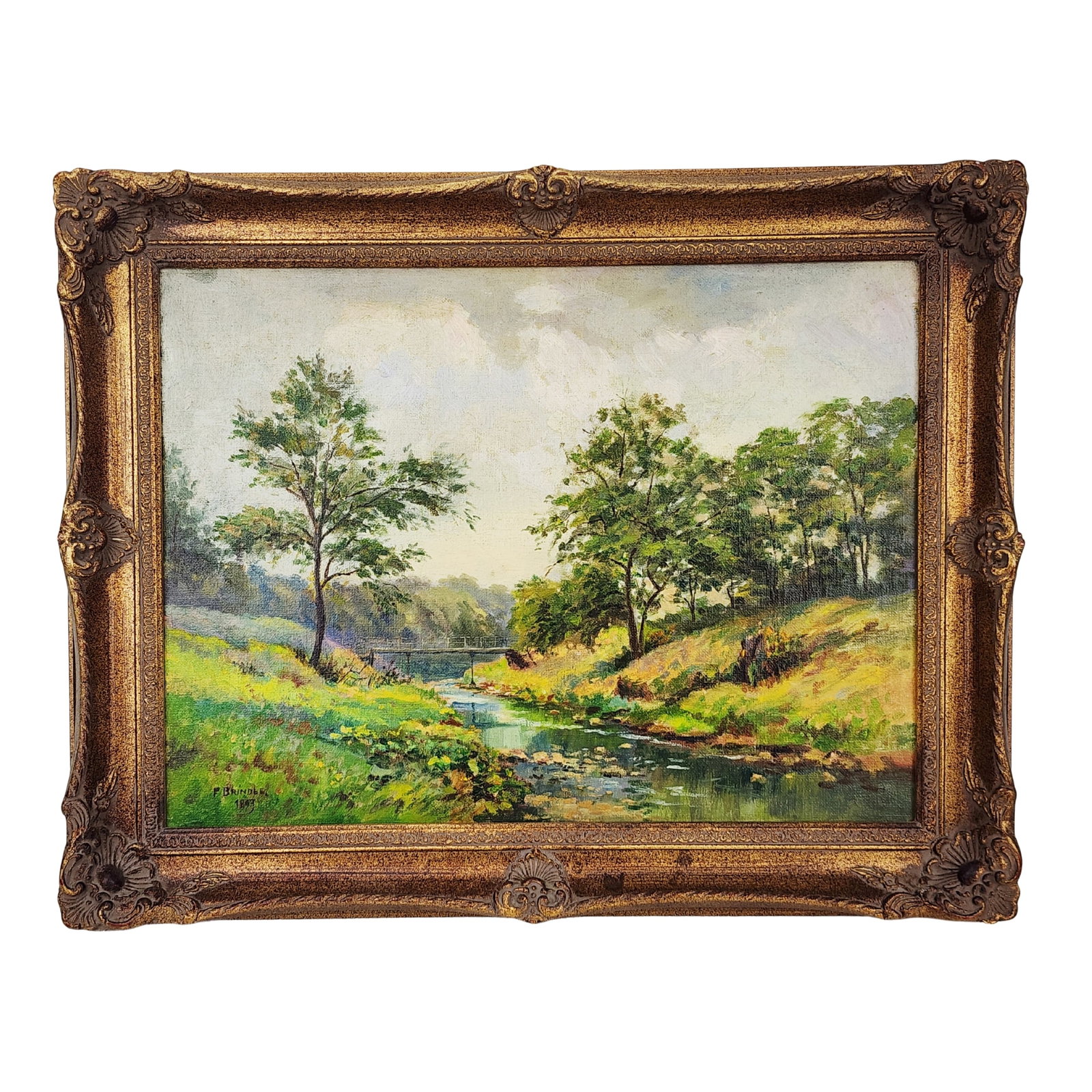 Fred Brindle (1880-1949) English Artist Oil Landscape Painting: Antique c.1893 oil on canvas landscape painting by listed English Artist Fred Brindle(1880-1949). Landscape depicts a bridge over water. Appears to be an antique or original Gilt wood frame with new b