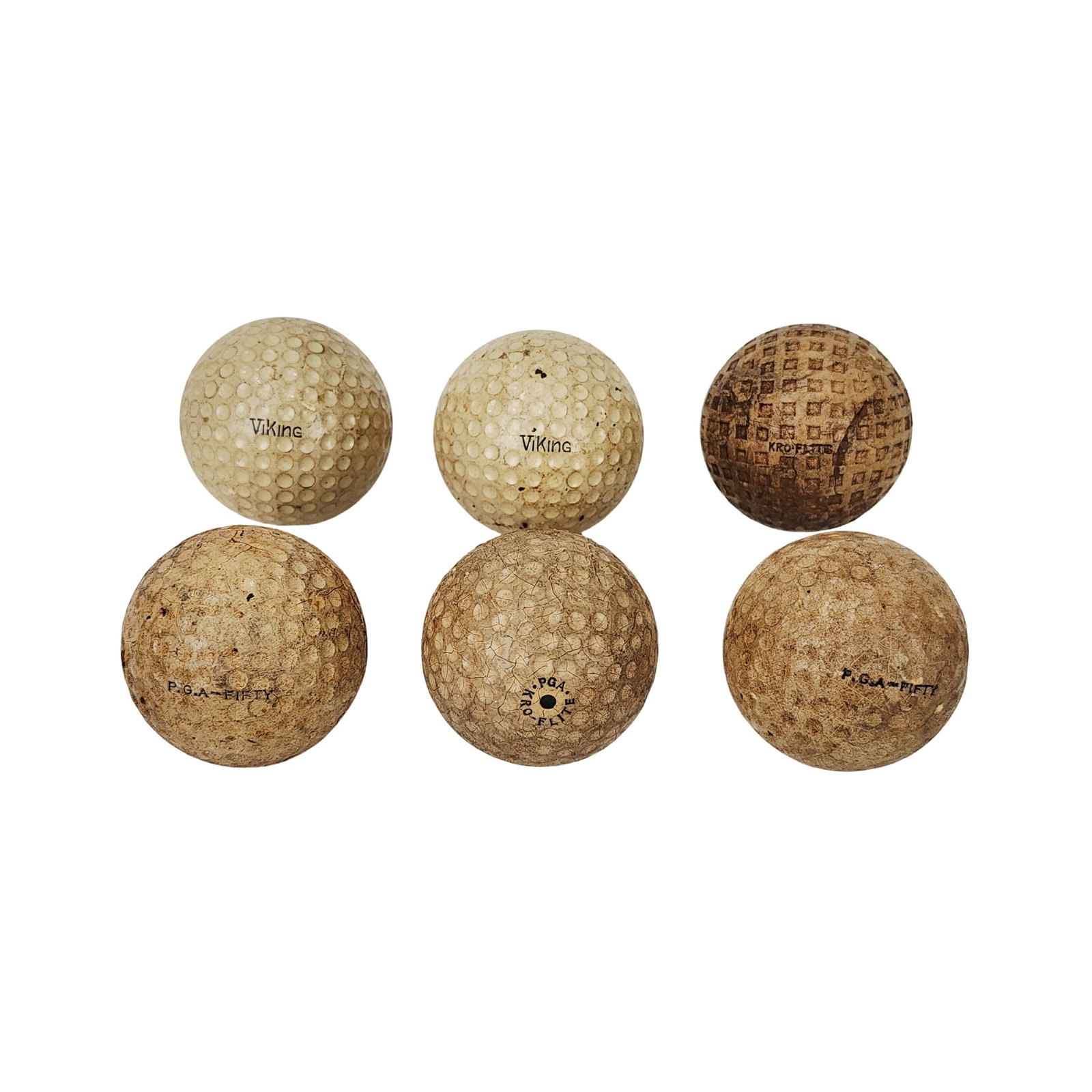 Lot of 6 Antique Golf Balls, Kro-Flite, Goldsmith Viking & PGA Fifty: Group of vintage and antique golf balls by various makers including Kro-Flite, Goldsmith Viking and PGA Fifty. Measure about 1 1/2" each.