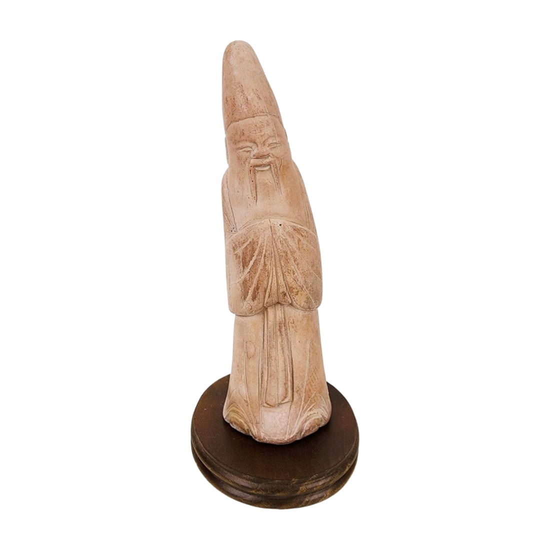 1975 Austin Productions Chinese Scholar Stone Sculpture w/Stand: Vintage Austin Productions stone or chalkware Asian Scholar statue with wood stand. Stamped on backside. Measure 9" x 2 3/4".