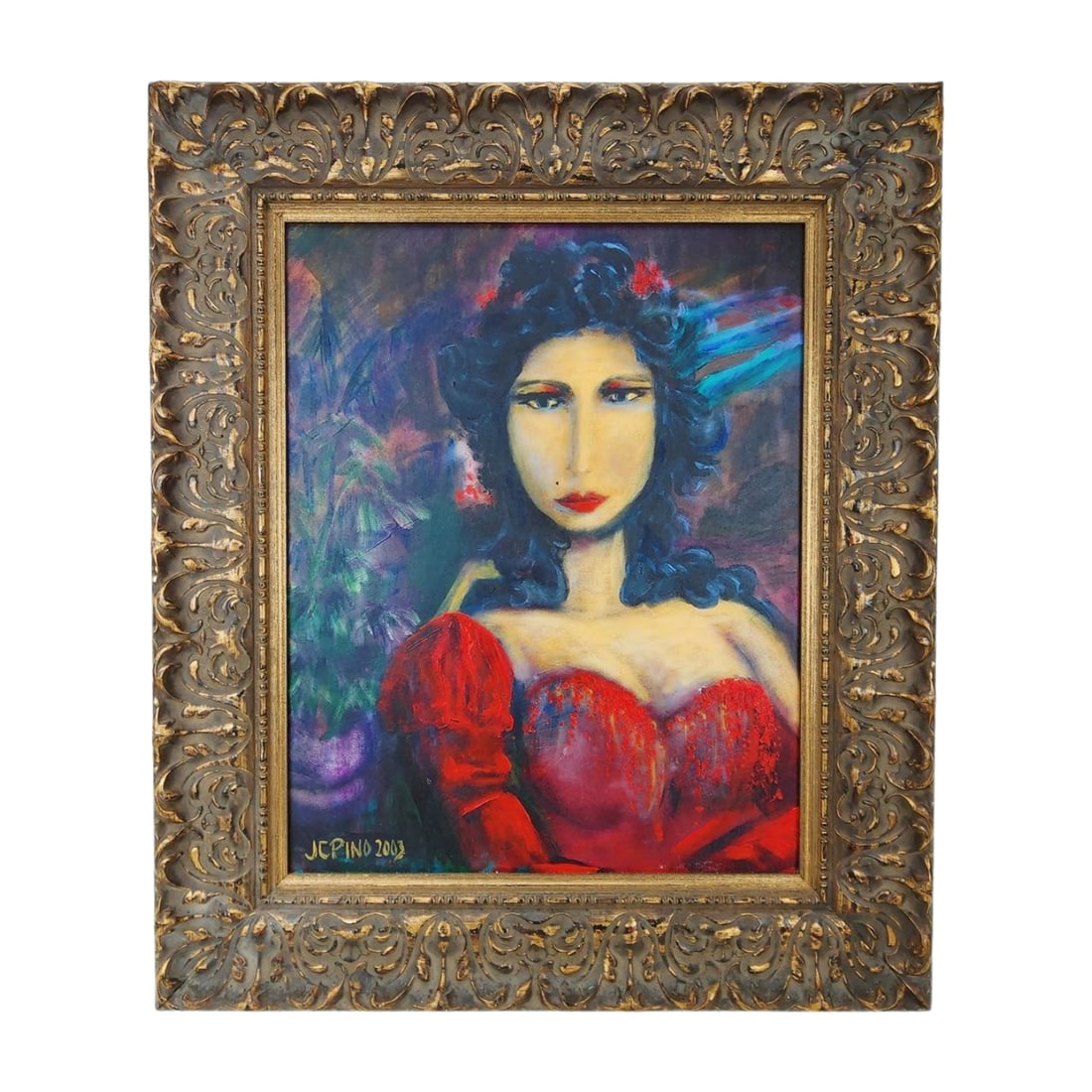 J.C. Pino Modernist Portrait Woman in Red Dress, Original Art Painting: Painting on canvas original art portrait of a woman in a red dress. Signed J.C. (Juan Carlos) Pino lower left 2003, with gilt wood frame. Measures 22 5/8" x 27" total.