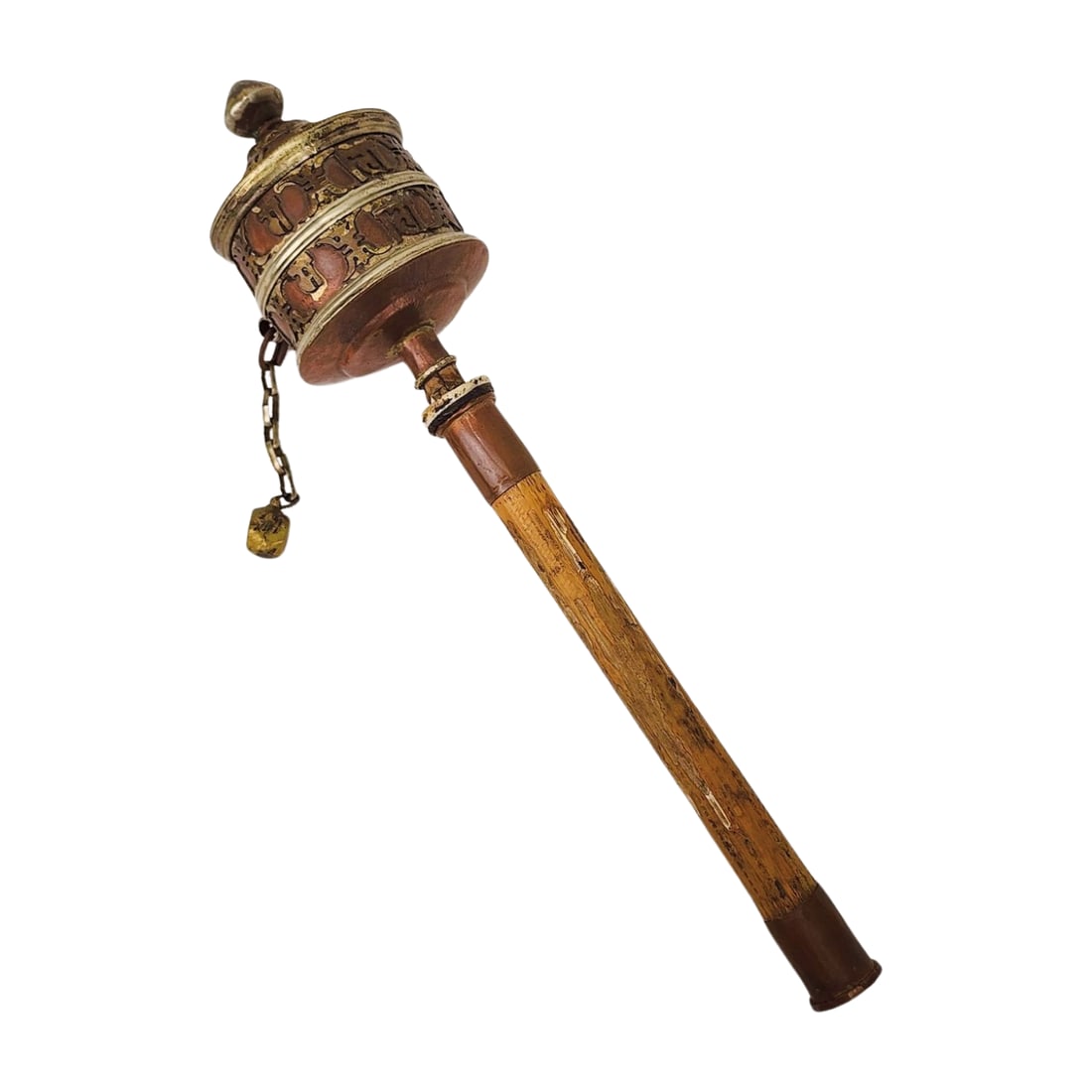Antique Tibetan Prayer Wheel: Antique tin, copper and wood carved Tibetan Prayer Wheel. Measures 11 1/4" x 2 5/8".