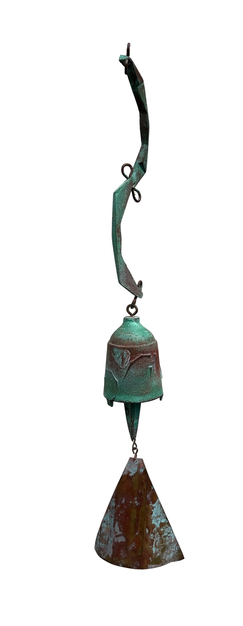Paolo Soleri Wind Chime bell: Vintage small Soleri wind bell. Patinated bronze with copper fin. measures