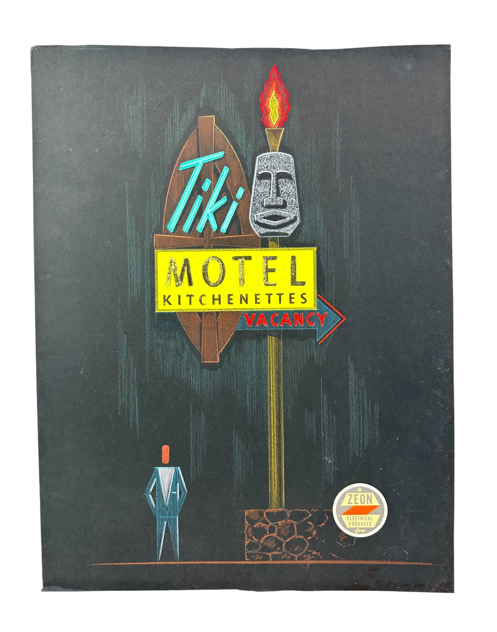 Original Tiki Motel Neon Sign Concept Illustration Painting: Rare original Zion Electrical Products neon motel sign illustration. This was the hand painted/sketched illustration to show how the sign would look before being made. Paint and pastel on illustration
