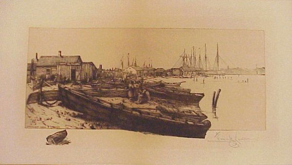 Etching-Artist Frank Enders 1888 Harbor Scene: Artist Frank Enders etching of harbor scene dated 1888. Has moderate age discoloration. Measures 9" high x 16" wide. Overall good condition.