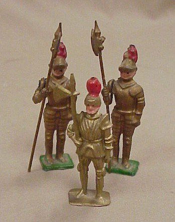 3 Lead Toy Knights-England: 3 Lead Toy Knights-England, original paint. Believed to Date back to the 1950's. Stand 2 1/4 -3 inches tall. Very Good condition- minor paint wear noted.