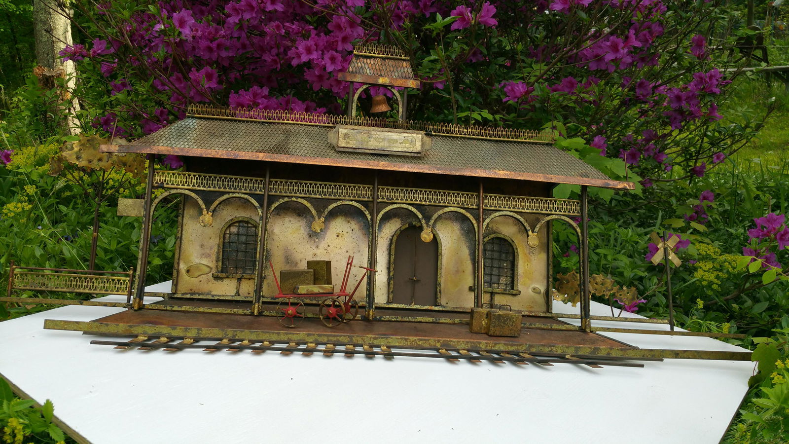 C Jere signed wall metal sculpture: C Jere signed metal wall art of railroad with original bell Curtis Jere "Train Station" Azusa Metal Wall Hanging Sculpture. Intricate collectible Vintage Azusa brass and copper wall sculpture. This ic