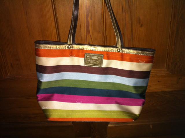 Coach Striped Limited Edition Tote Bag: “Good shape, the four corners on the bottom has slight wear see photos for all corners. Great condition.. Handles are sturdy, All zippers work, Clean inside, . Smoke free home.” (Shipping in USA a