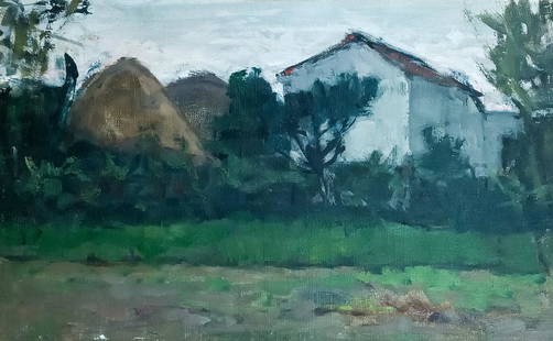 Dino Boschi - Paesaggio, 1986.: Dino Boschi - Landscape, 1986. Oil on pressed cardboard 47.5x29.5 cm; signature and year lower right.