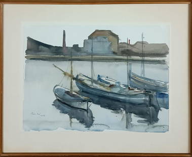 Dino Boschi - Canale con barca, 1958.: Dino Boschi - Canal with boat, 1958. Watercolor 36x26 cm; signature and year lower left.