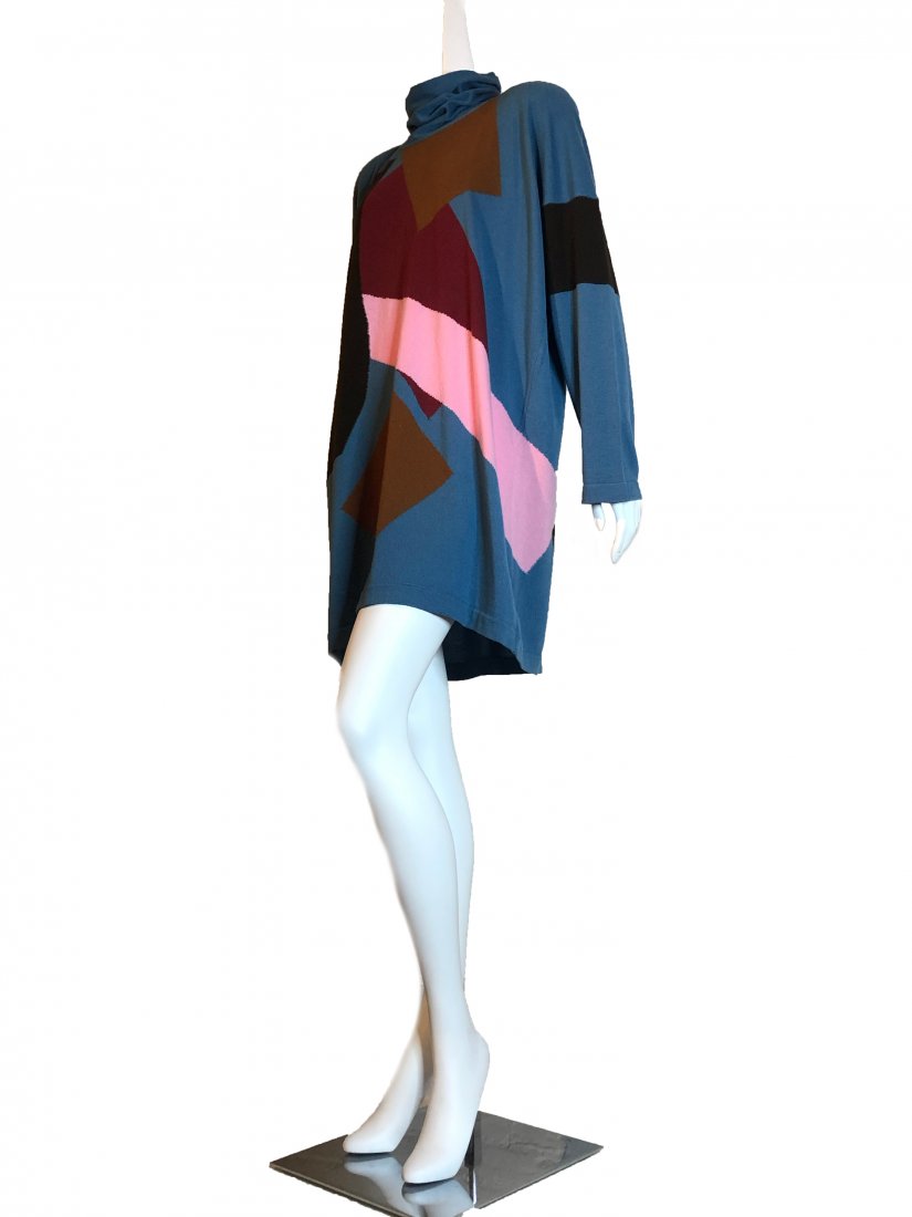 Jean Muir Graphic Color Block Sweater Dress -Never Worn: Jean Muir graphic color block cashmere sweater dress with cowl neckline in steel blue, pink, burgundy and brown. New, never worn.