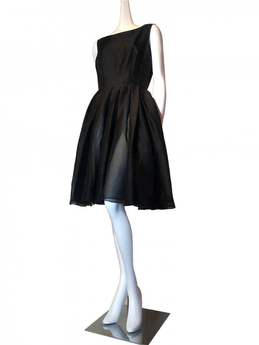Donna Karan DKNY Black Silk Cocktail Dress w/ Pleats: Donna Karan DKNY black silk and poly cocktail dress: sleeveless tank fitted bodice with full double layered chiffon pleated skirt. Knee-length. Size 10.