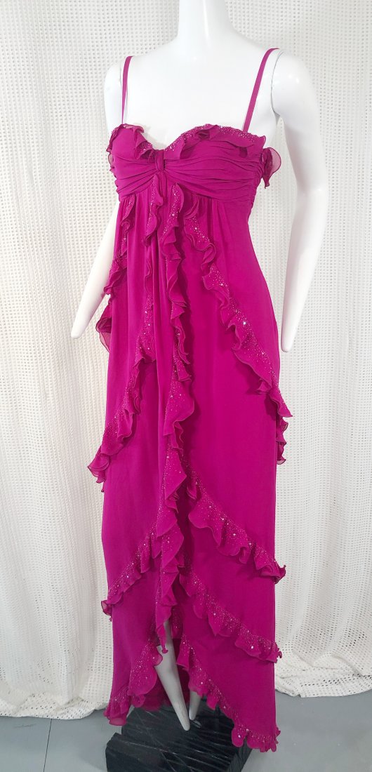 Emanuel Ungaro Unworn Fuchsia Crepe Gown W/ Ruffles: Emanuel Ungaro unworn, new-old stock, mint condition fuchsia crepe spaghetti strap gown with bandeau-style bust and sequined and beaded ruffles tiered on a curved hem. Wrap-styled front.