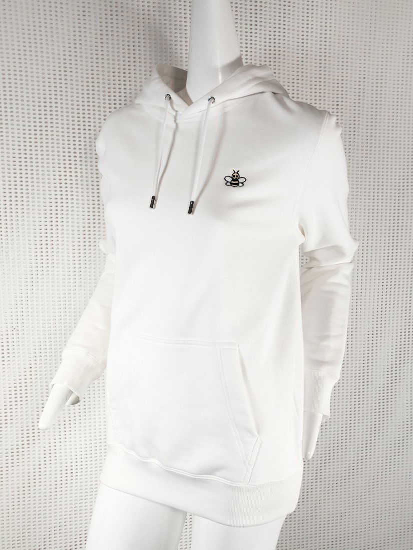 Dior Homme x KAWS SS19 White Bee Hoodie: Super sought after Kim Jones for Dior x KAWS Spring/Summer 2019 men's hoodie. Iconic Dior Homme sportswear apparel embroidered with a contrasting yellow and black reimagined Bee logo designed by famed