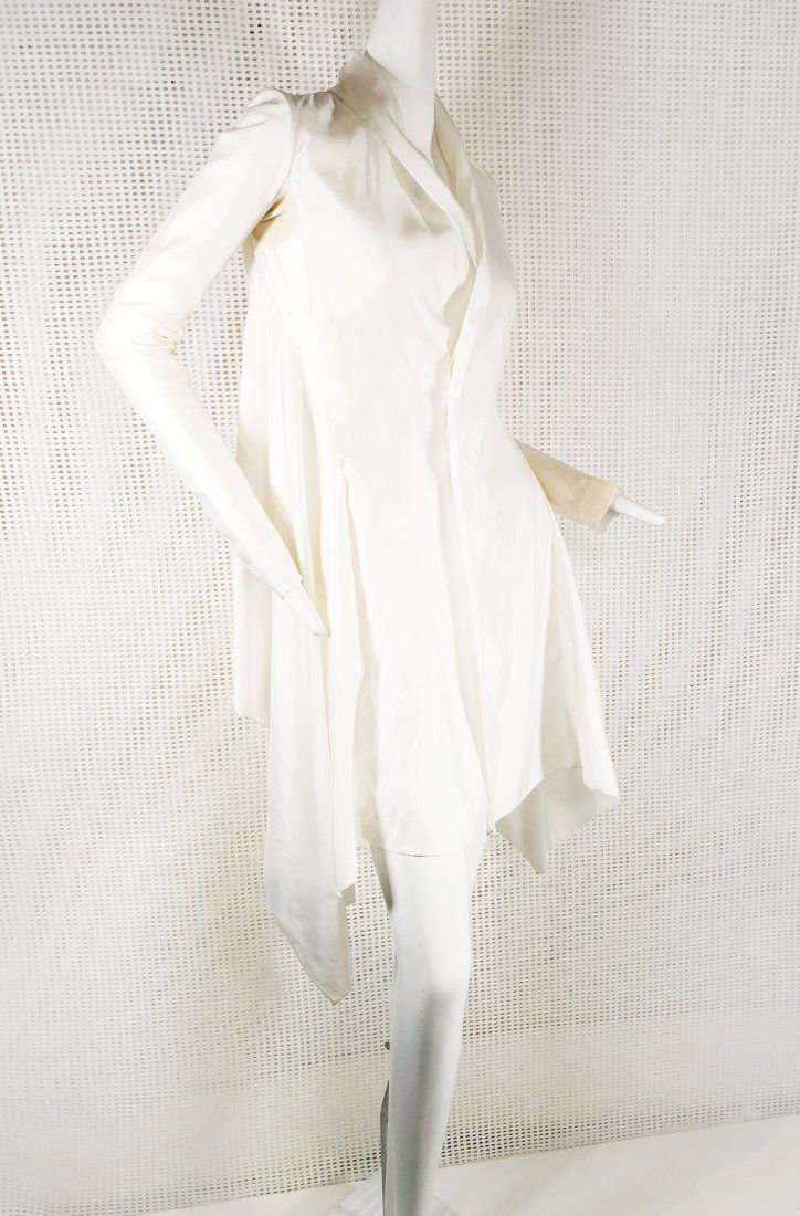 Rick Owens Off-White Silk Jacket w/ Draped Hem: A gorgeous Rick Owens off-white silk jacket with shawl collar and asymmetrical draped hemline. Buttons at front. Size 6