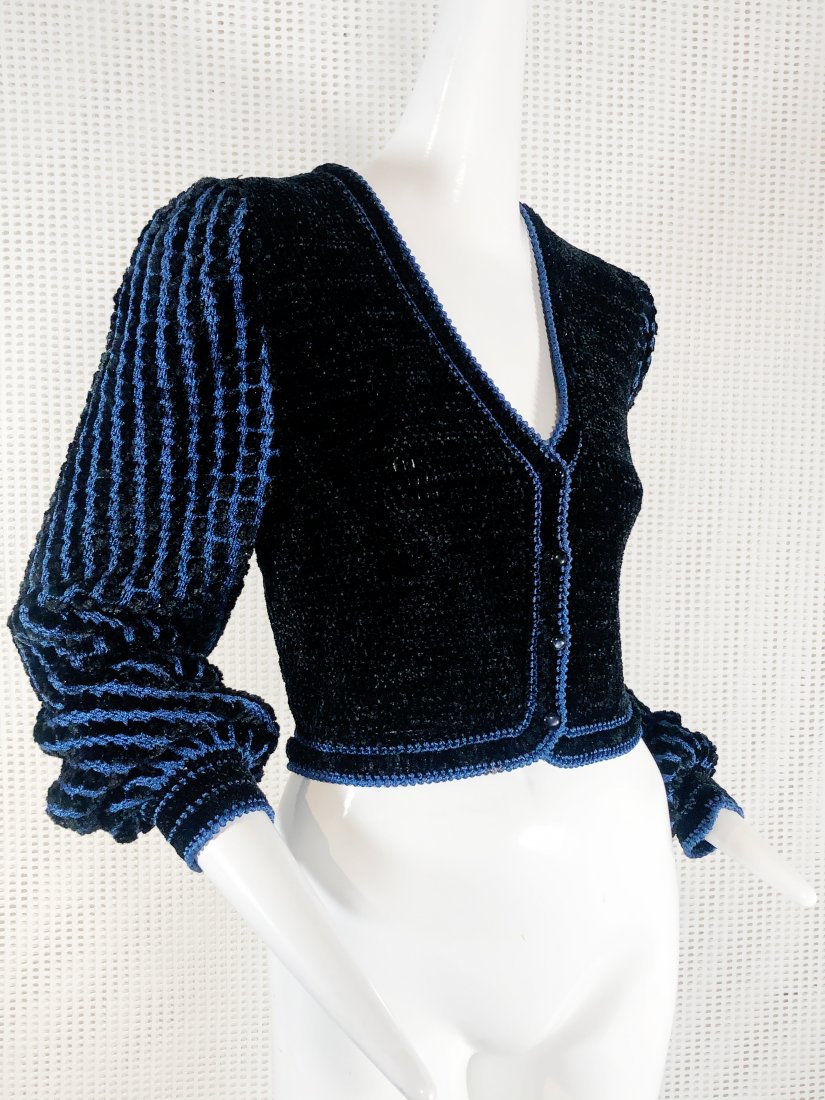 Givenchy Black & Blue Chenille Knit Cropped Sweater: A Givenchy black and blue chunky knit chenille yarn sweater: cropped at waist with balloon sleeves. Small.