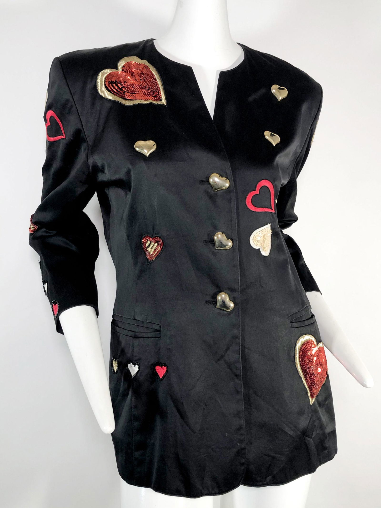 Escada Black Satin Jacket w Sequin Heart Appliques (1 of 7)