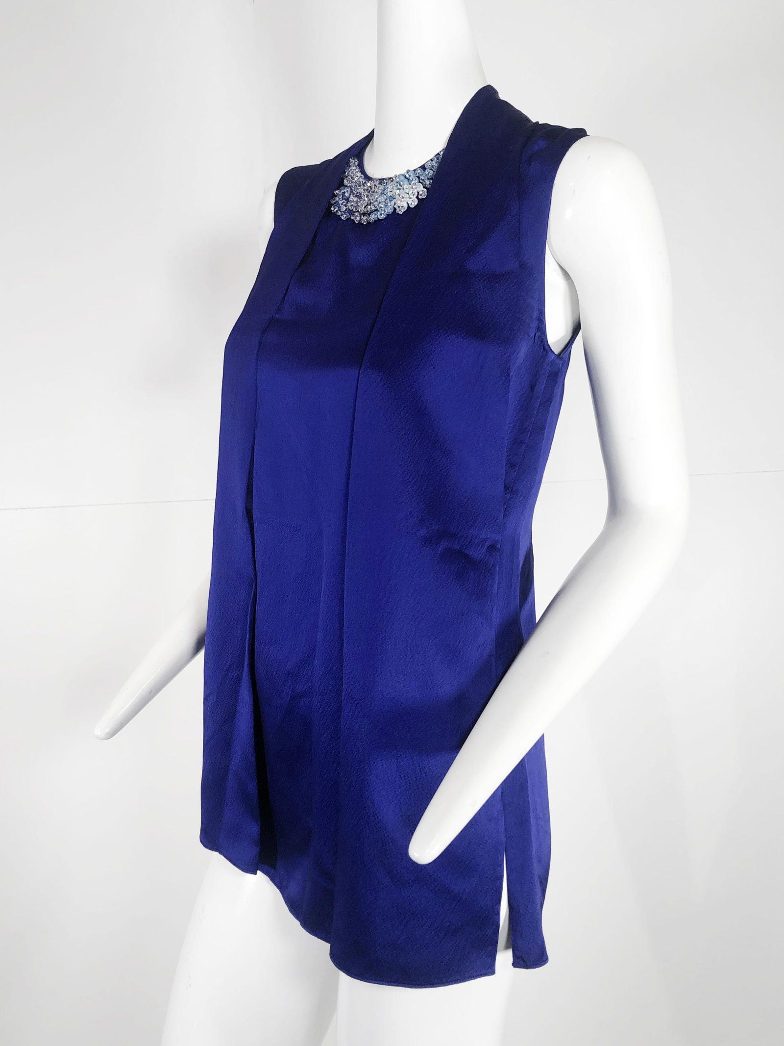 Phillip Lim Royal Blue Silk Satin Blouse w Sequin Neck (1 of 6)
