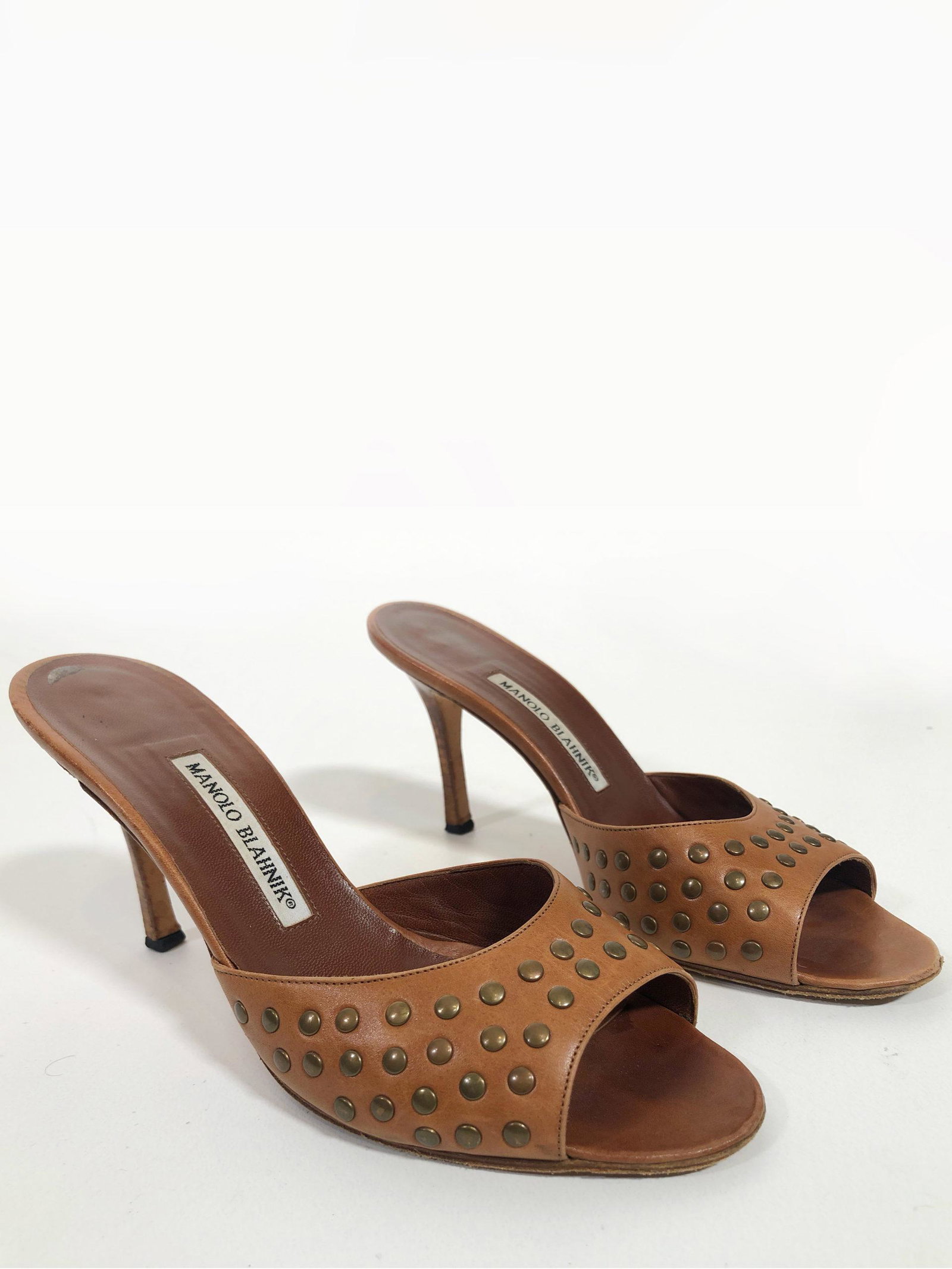 Manolo Blahnik Tobacco Leather Studded High Heeled Mule (1 of 5)
