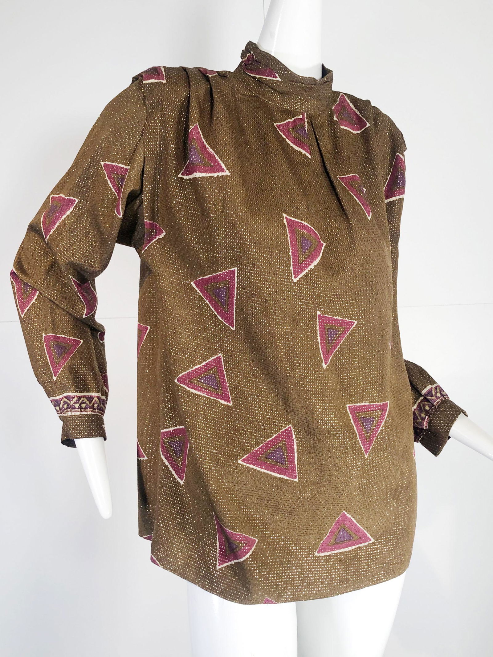 1980s Versace Brown & Plum Geometric Print Silk Blouse (1 of 5)
