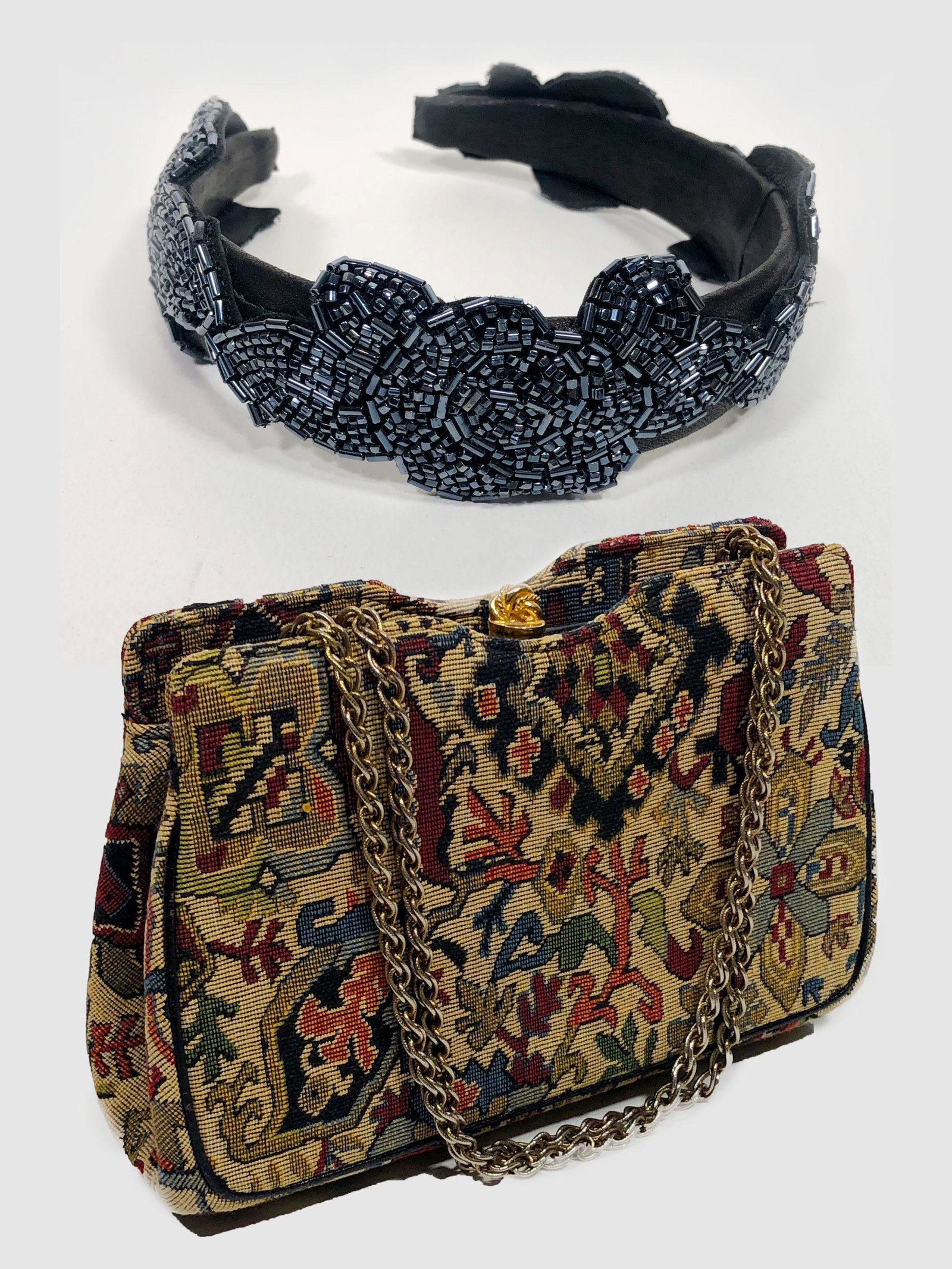 1970s Tapestry Handbag w Chain Handle & Beaded Headband: A 1970s Morris Moskowitz tapestry handbag with 17.5" long, 7.5" drop gold chain handles paired with a gunmetal gray beaded 16"headband lined with soft leather. Tapestry purse is 5.25" tall, 8" wide, a