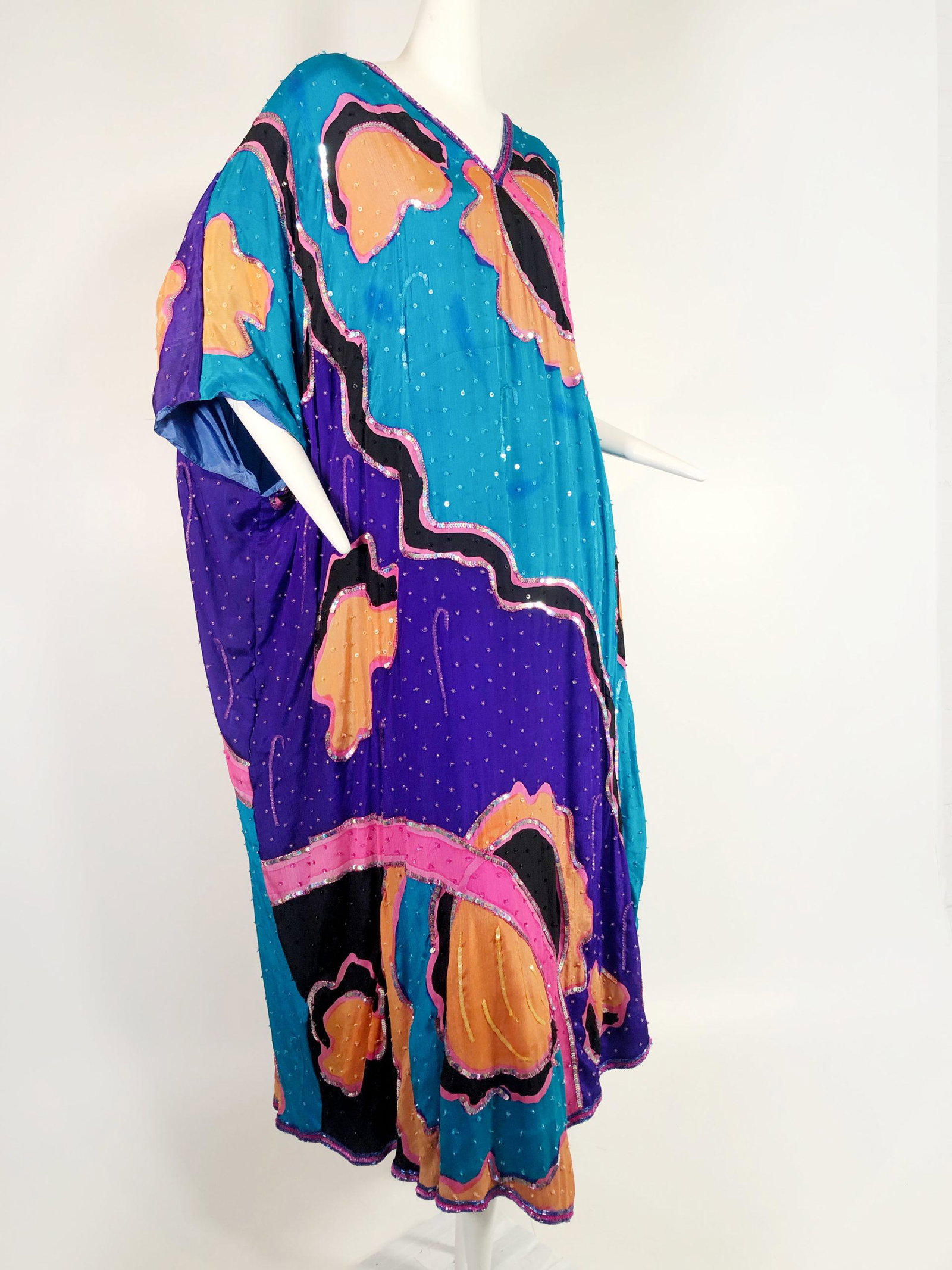 1980s Hand painted Multicolor Sequined Silk Caftan (1 of 6)