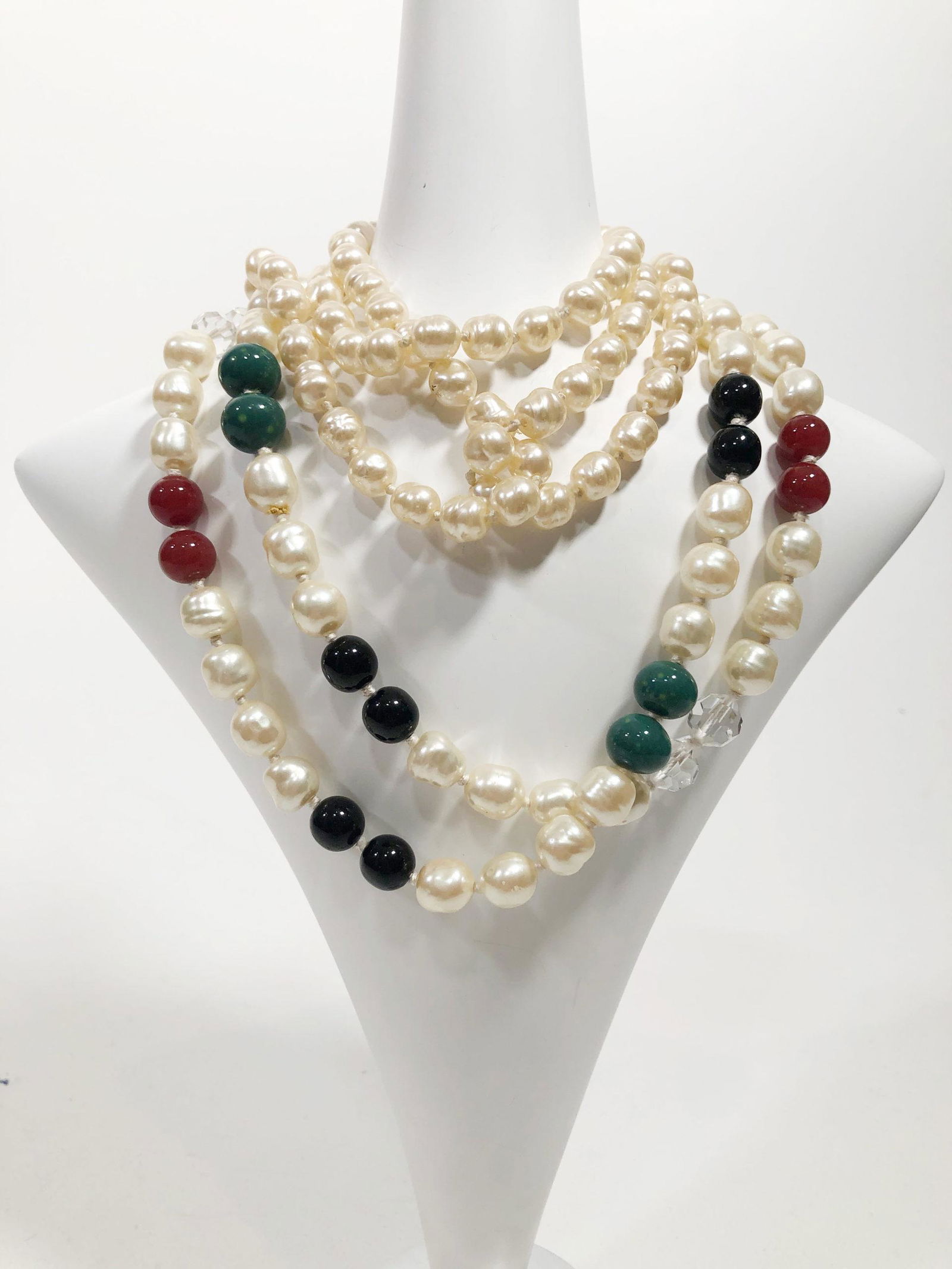 1980 Chanel and Ciner Vintage Faux Pearl Necklaces: 1980 faux pearl necklace has a Chanel mark on clasp. Faux Pearl with semi precious (Carnelian), crystal, and ceramic beads has no clasp. Ciner pearl set. 2 necklace set. Faux Pearl Necklace with Chane