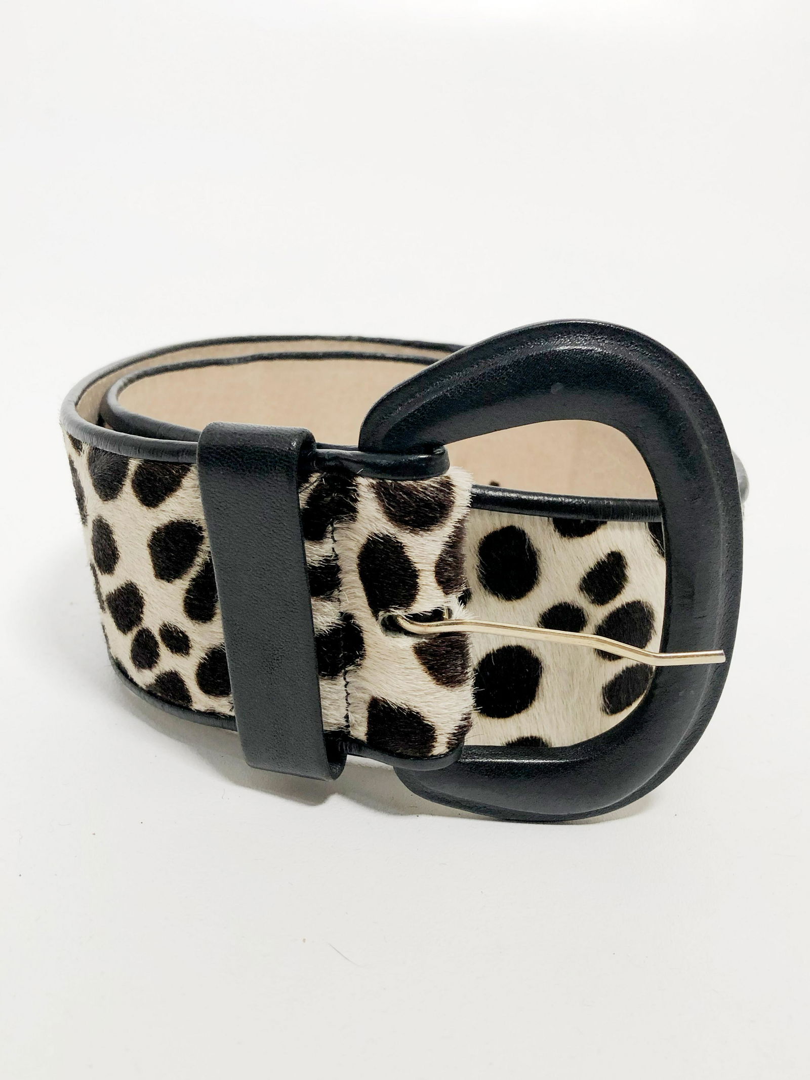 1980 Anne Klein Faux Dalmatian Fur Belt: 1980 Anne Klein faux Dalmatian fur and leather belt. 33"L, 27.25" to middle hole.