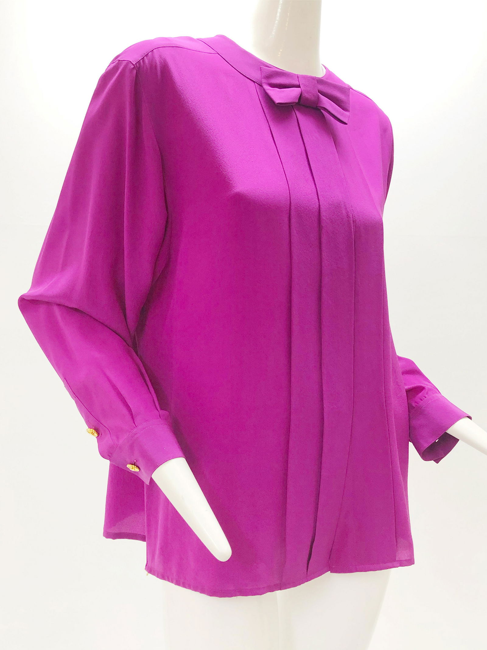 1980 Celine Magenta Silk Blouse with Bow: 1980 Celine magenta silk blouse with bow at center front neckline. Fits a US size 4-6. See measurement card for exact fit.