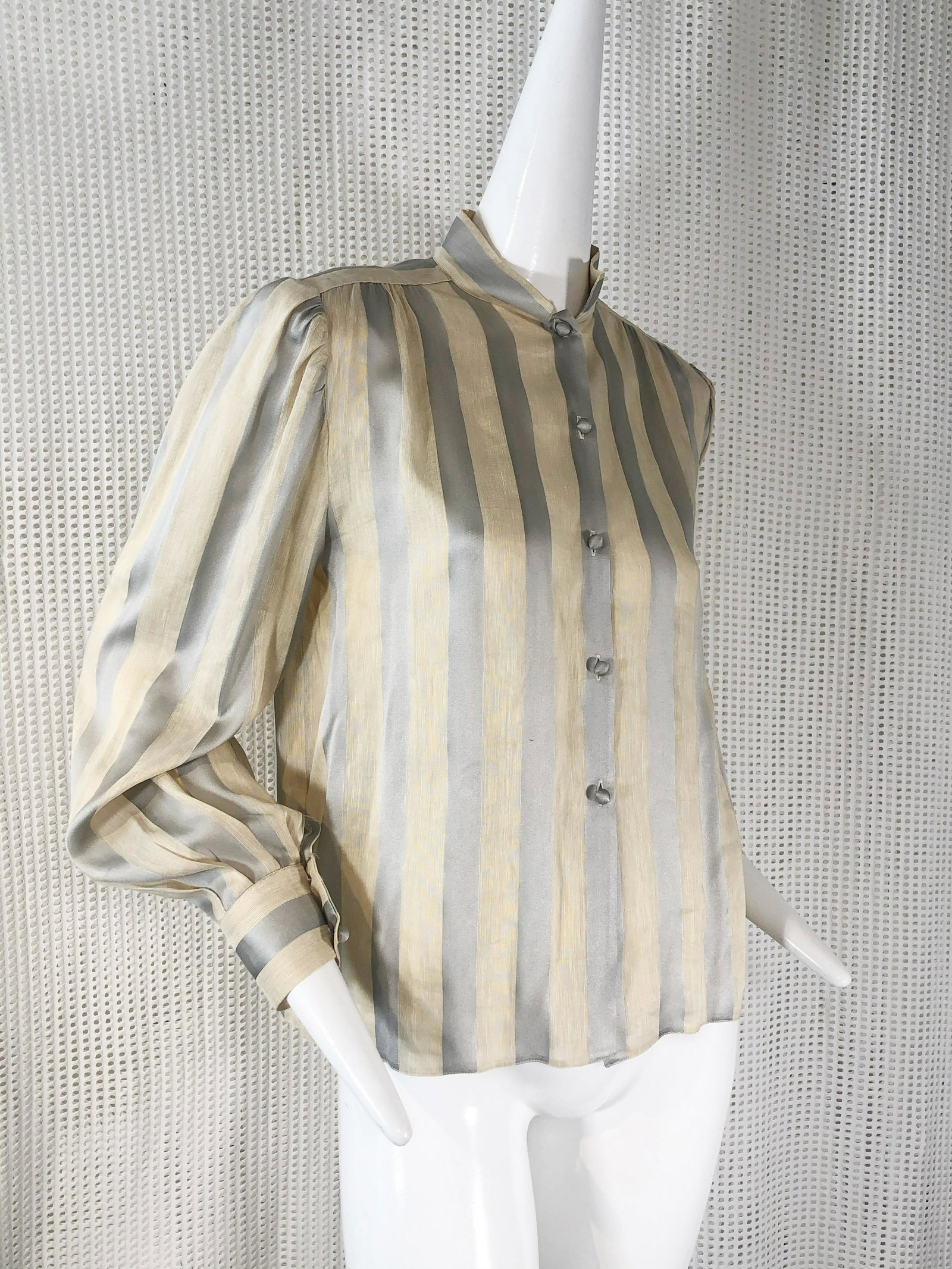 1980s Ted Lapidus Ecru and Gray Satin Striped Blouse (1 of 7)