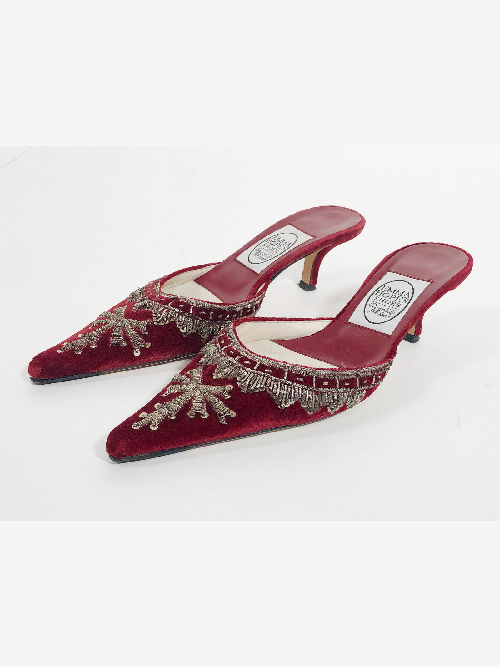 Emma Hope Burgundy Velvet Kitten-Heel Mules: Emma Hope Burgundy Velvet Kitten-Heel Mules. Maroon slip on mules with Moroccan inspired motif with silver sequined and metallic threading bead work. Size 37.