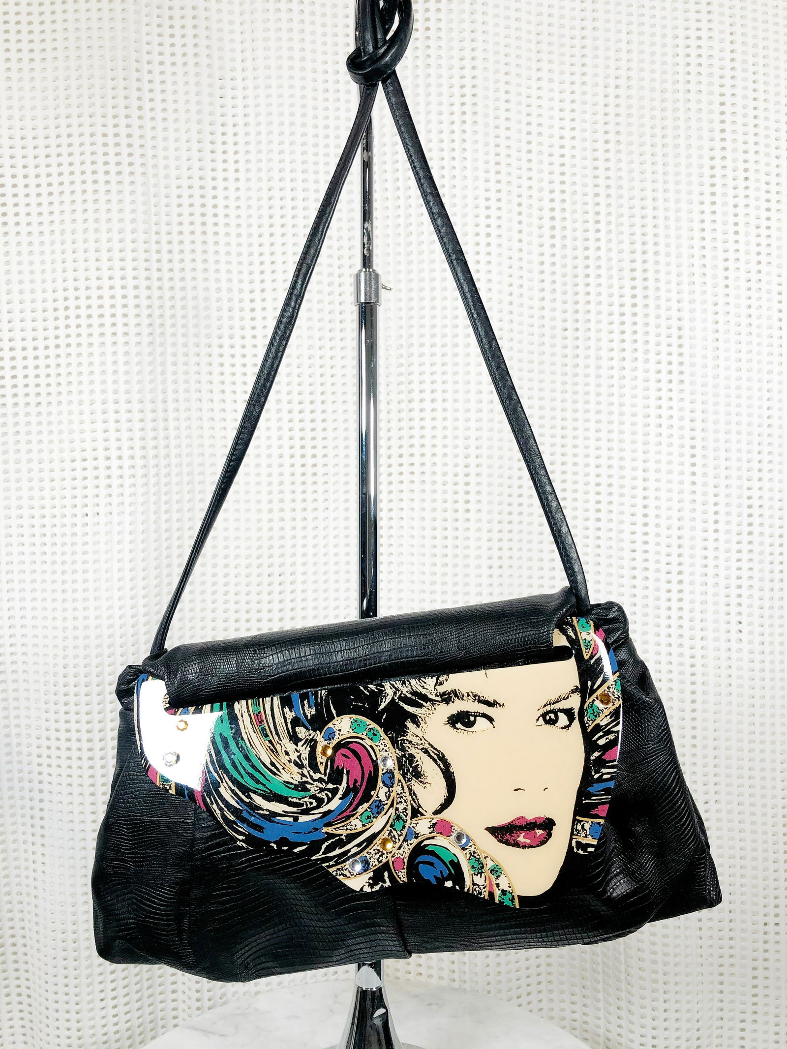 Sarah Moon Black Leather "Moon Bag" w/ 80s Lady Graphic: A wonderful 1980s black lizard-textured leather "Moon Bag" with an 80s Lady portrait illustrated lucite closure, accented in rhinestones.