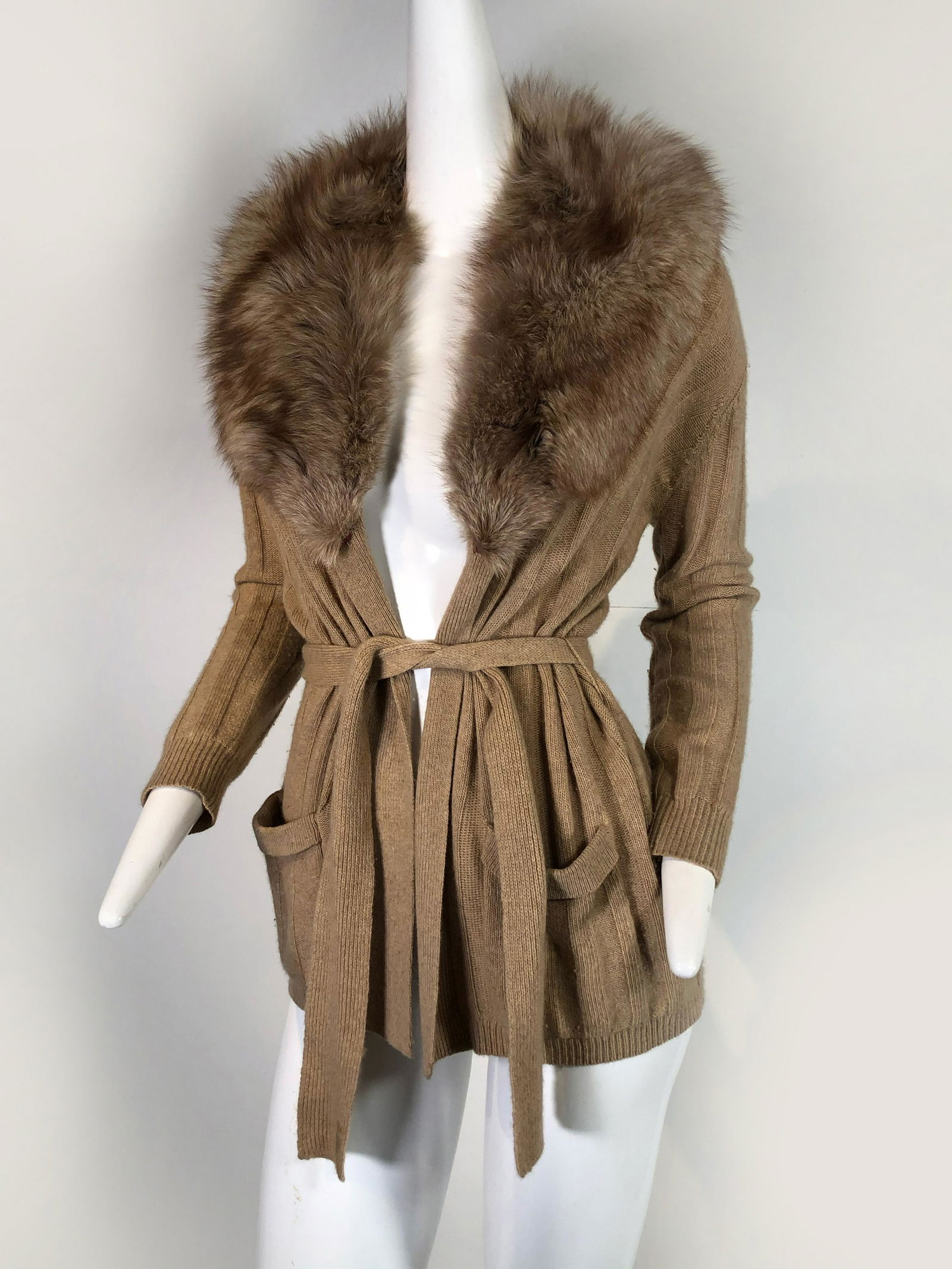 Vintage Tan Cashmere Cardigan with Fur Collar (1 of 6)