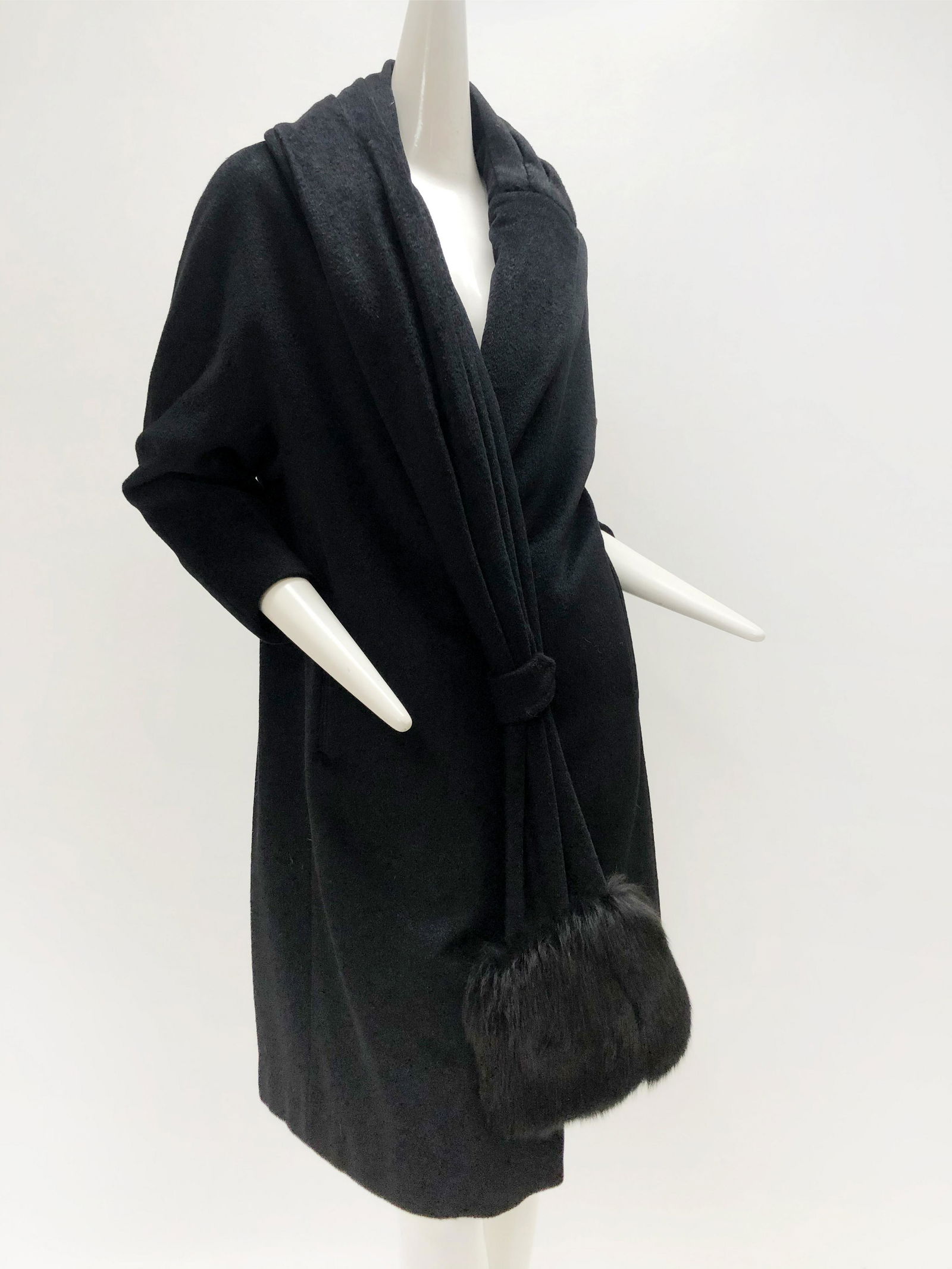 1960 Lilli Ann Black Coat with Fox Fur Trimmed Foulard: 1960 Lilli Ann Black Coat with black fox fur trimmed foulard on right side. Two front pockets. Fits a US size medium/large. See measurement card for exact fit.