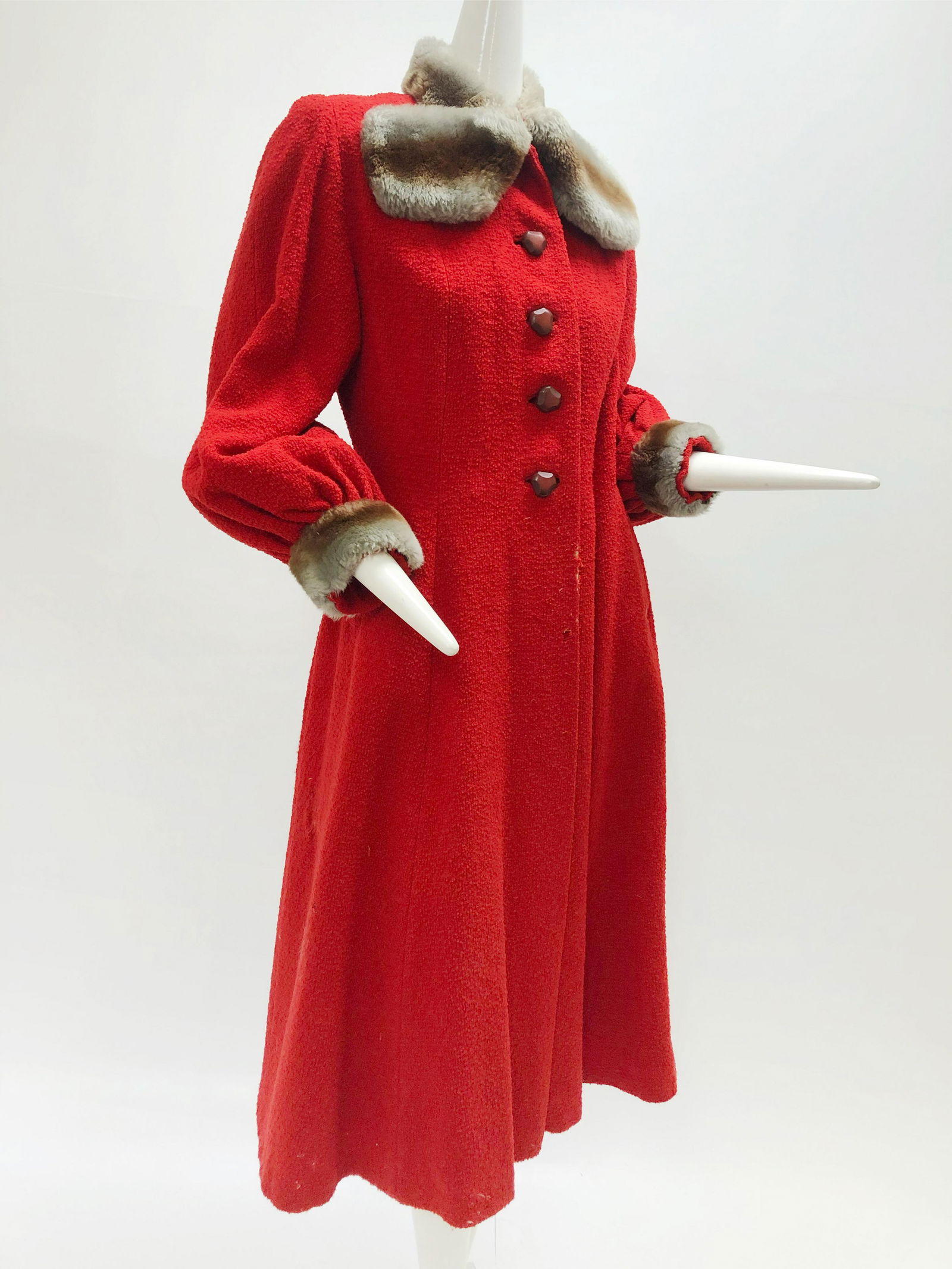 1940 Red Boucle Coat with Mouton Fur Cuff & Collar (1 of 5)