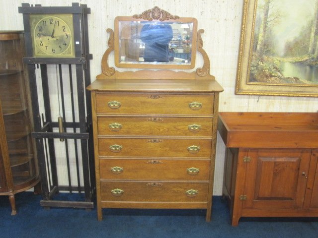 Anitque Oak Hi Chest w/ Mirror: Antique oak hi-chest in very good condition with matching original pulls.It measures 44"H x 39-1/2" W x 18"D Very good overall condition.