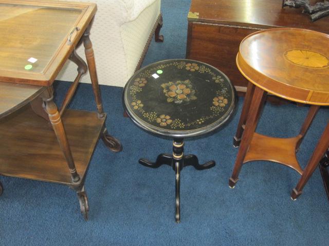 Ethan Allen Stand: Stand is painted black and has floral decoration. Stand measures 26"H x 15"W. Good overall condition.