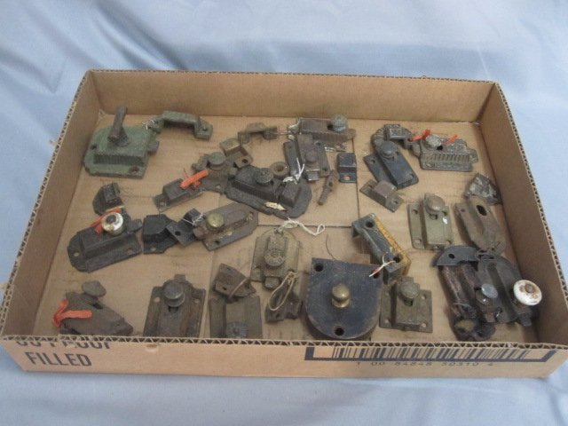 19th Century Door Hardware: Lot has about 15 hard to find door openers, good for antique dry sinks and cupboards.